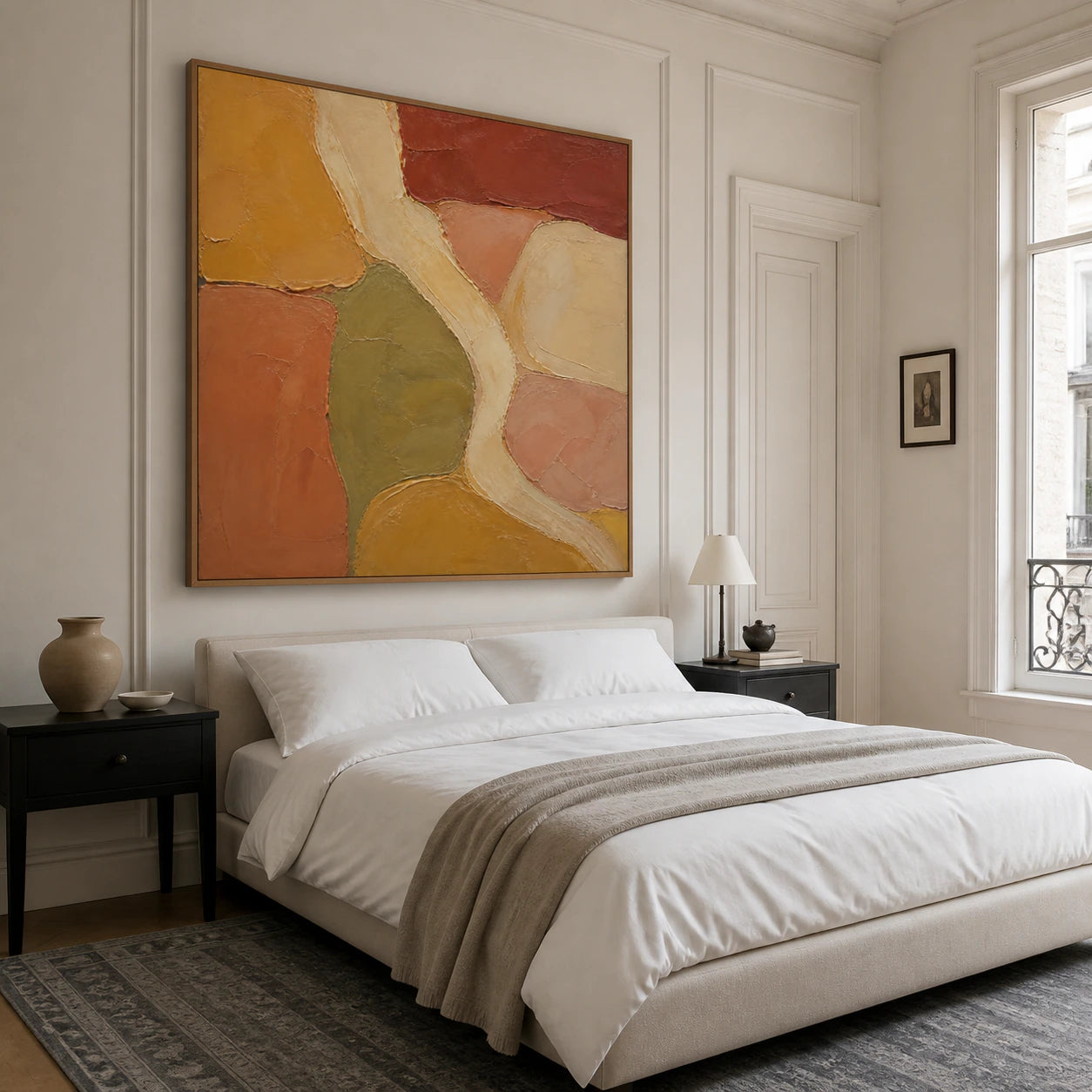 Ochre-Interlace above a low bed in a calm daylight bedroom.