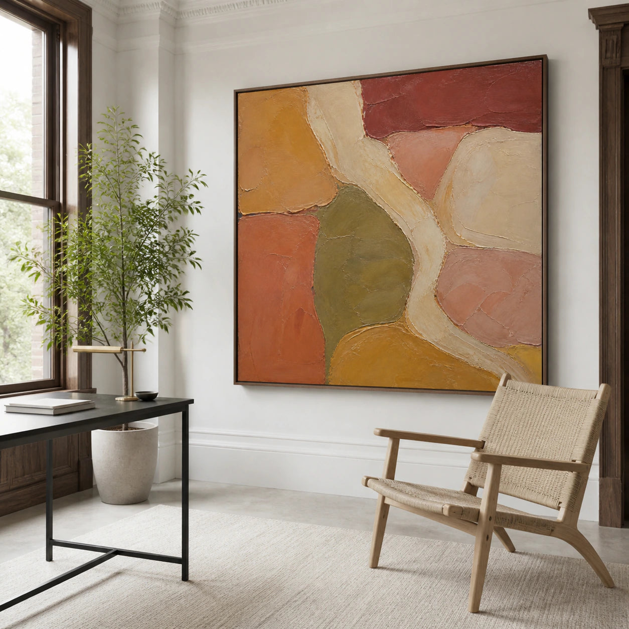 Ochre-Interlace in an airy reading and home-office space with natural light.