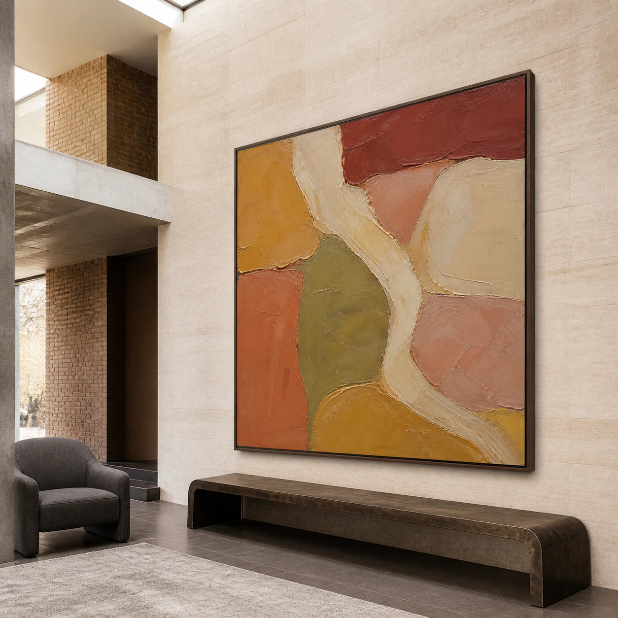 Gallery-scale Ochre-Interlace artwork in a bright architectural foyer.