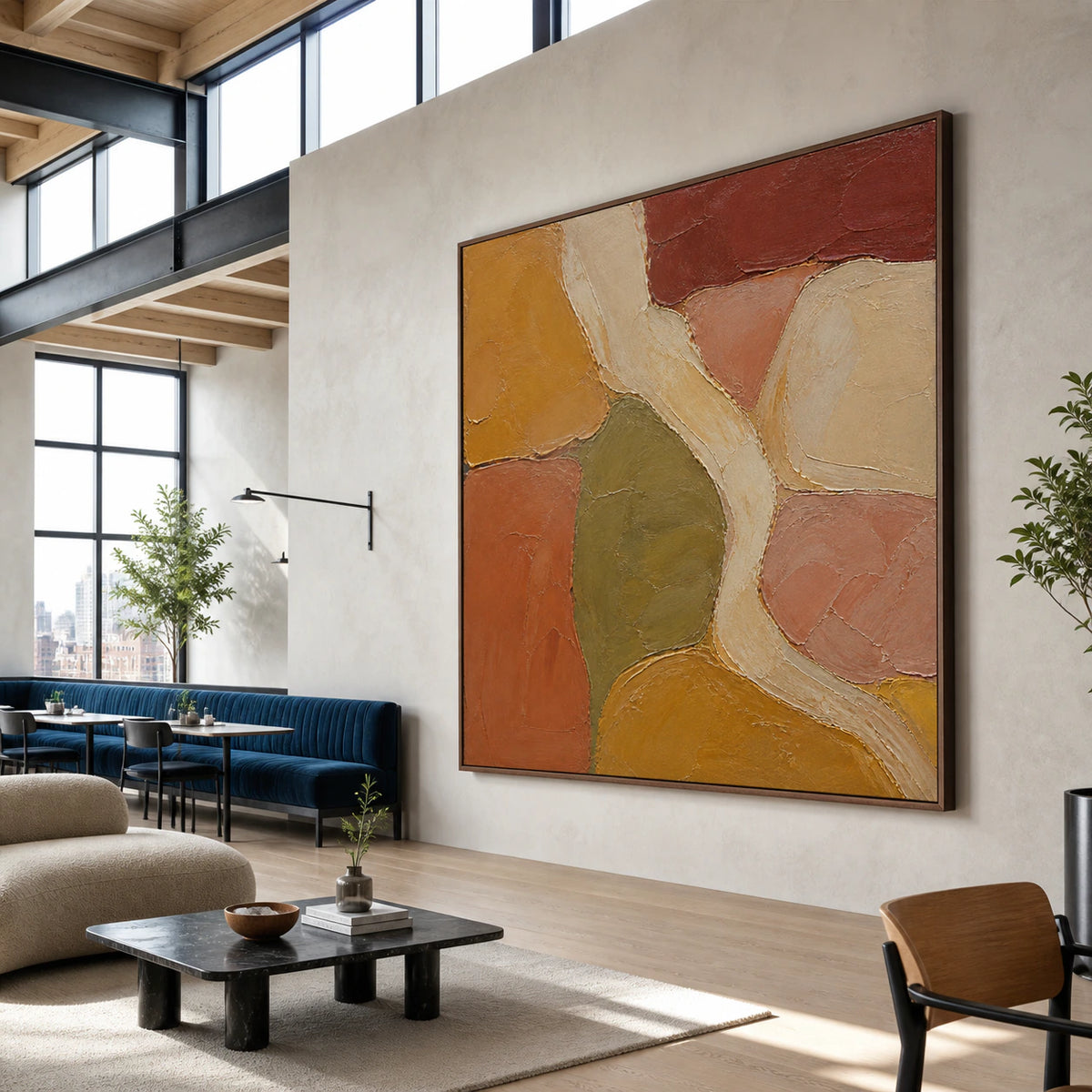 Ochre-Interlace as a large focal artwork in an expansive loft hospitality interior.