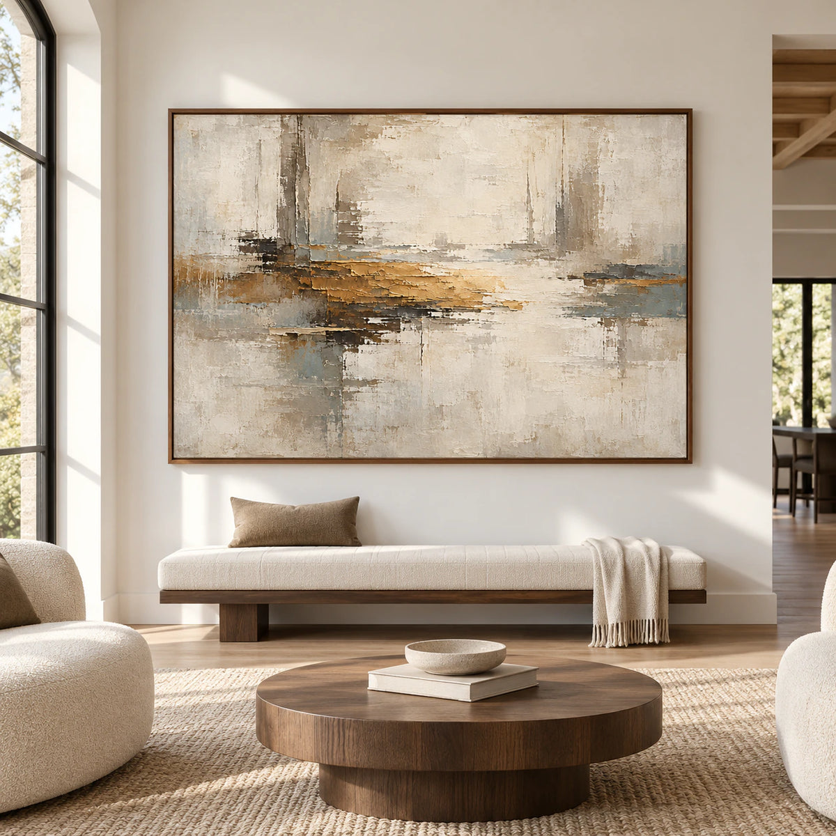Large horizontal Ochre-Interstice painting centered straight-on in a spacious, bright architectural room.