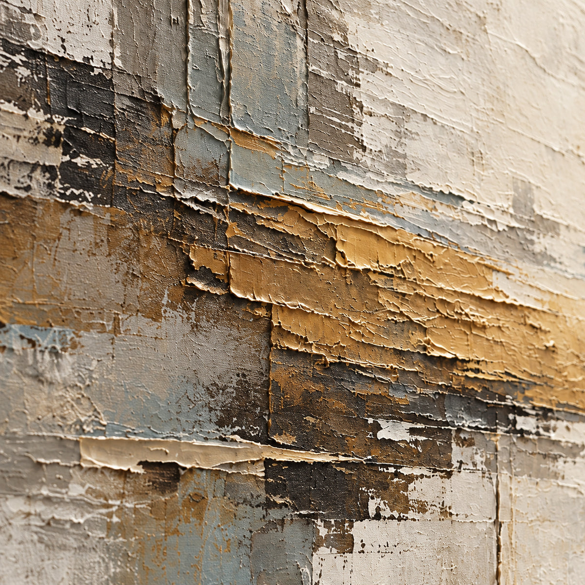 Ochre-Interstice oil painting brushwork and impasto detail photographed from an oblique side angle