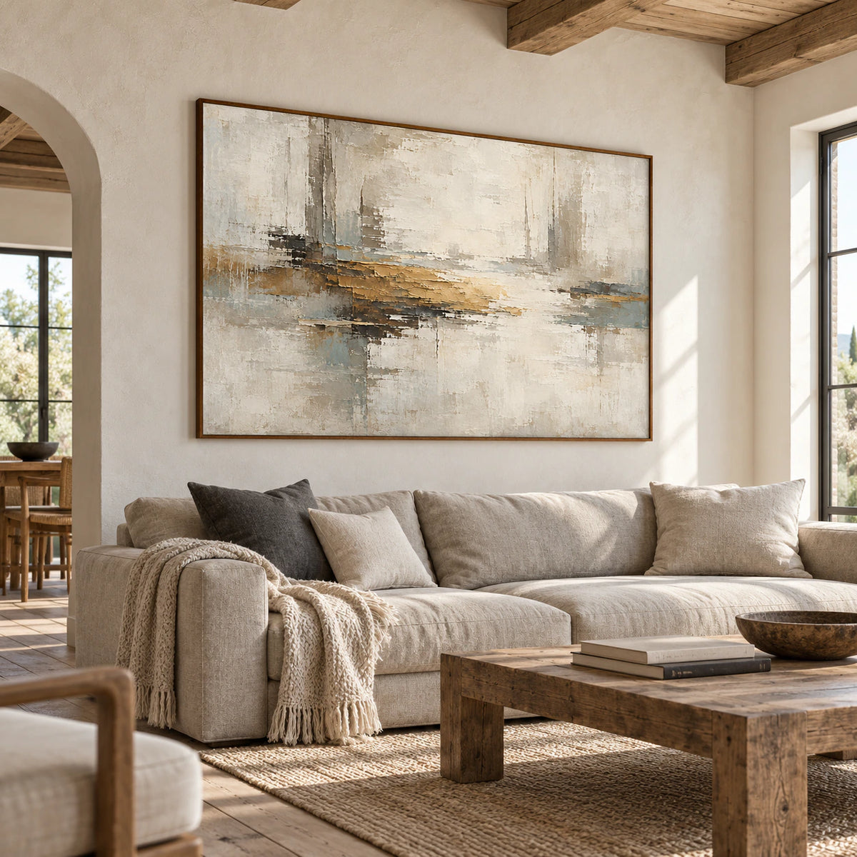 Ochre-Interstice displayed above a restrained sofa in a bright, open living room.