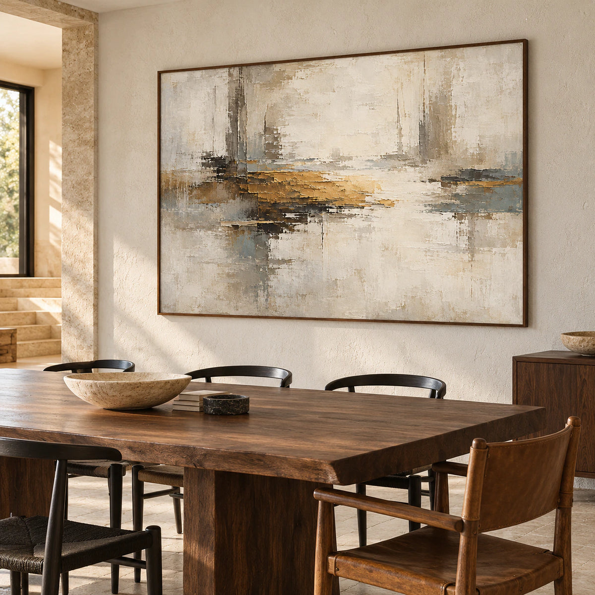 Ochre-Interstice displayed on a pale wall in a refined dining room with a long table and understated chairs.