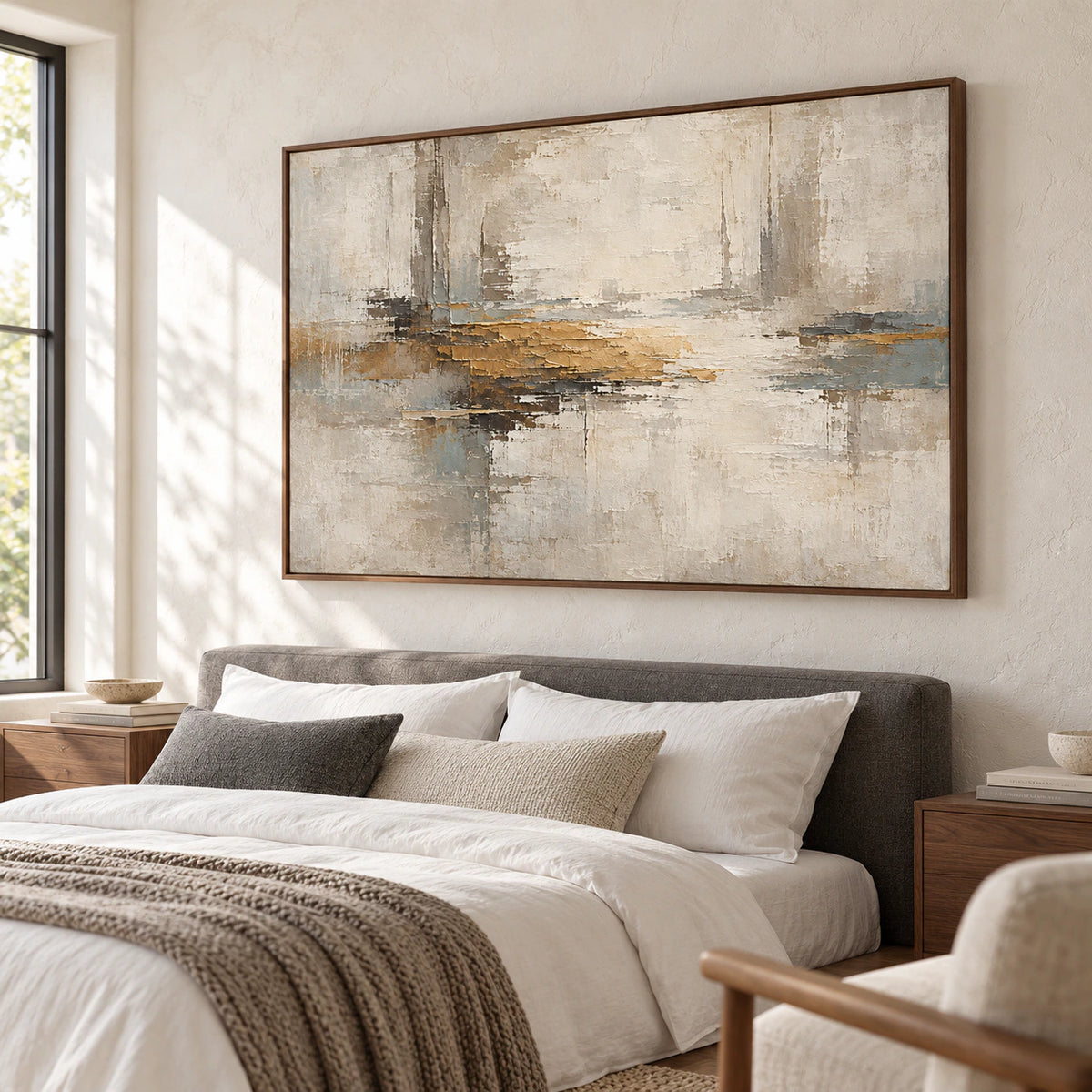 Ochre-Interstice displayed above a simple bed in a quiet, daylight-filled bedroom.