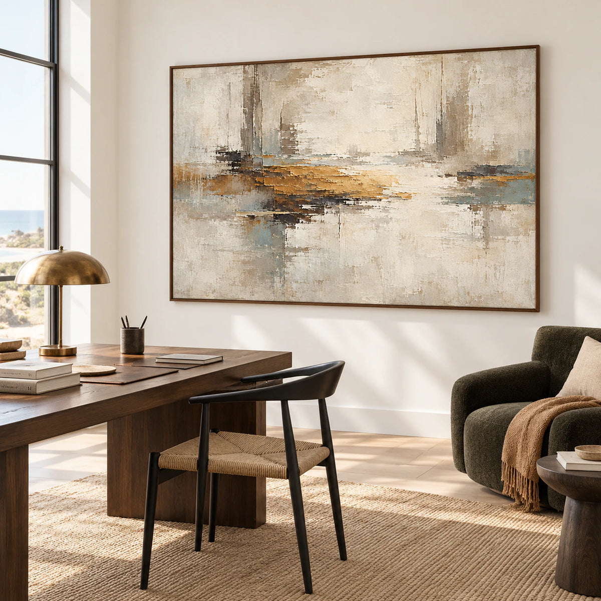 Ochre-Interstice displayed in an airy home office with a desk and a calm reading corner.