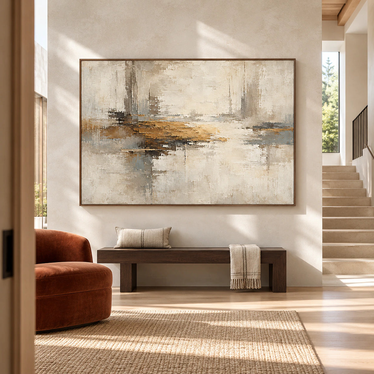 Ochre-Interstice displayed at large scale in a bright, gallery-like foyer with an open stair.