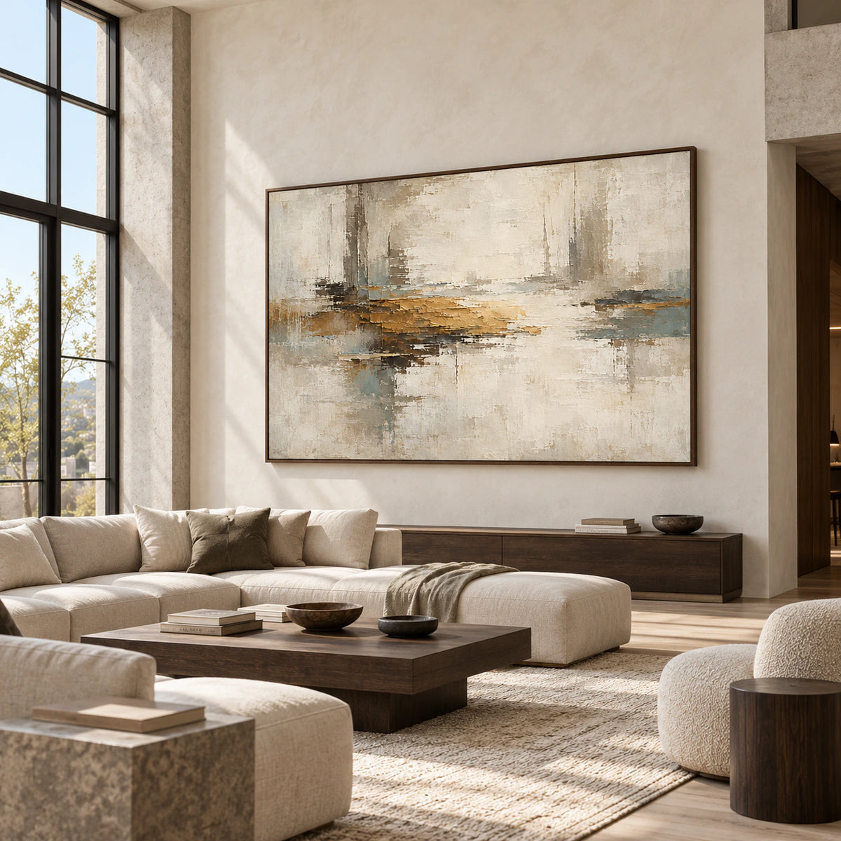 Ochre-Interstice displayed prominently in an expansive loft hospitality interior with generous daylight.