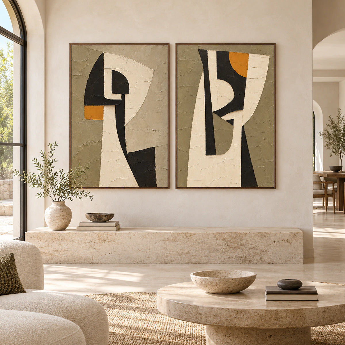 Large straight-on architectural interior featuring the Ochre-Interval diptych in matching slim walnut frames.