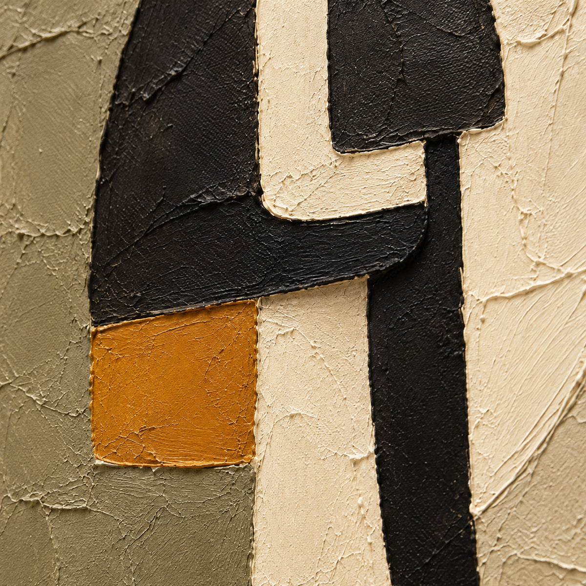 Ochre-Interval oil painting brushwork and impasto detail photographed from an oblique side angle