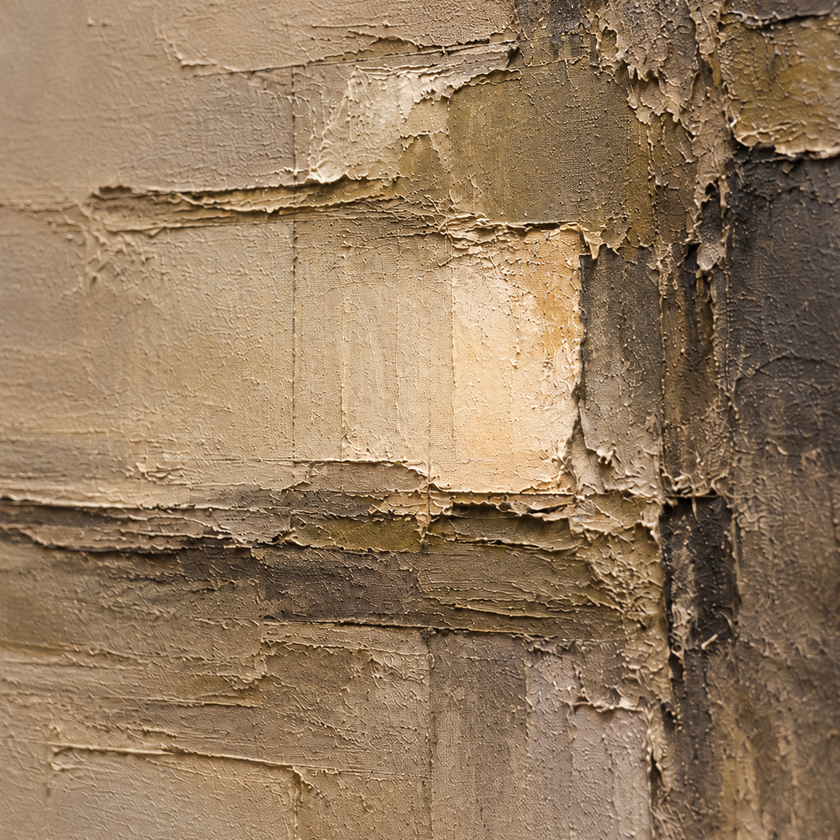 Close detail of Ochre-Mantle oil painting from an oblique side angle, with grazing light revealing raised paint ridges and ochre and umber transitions.