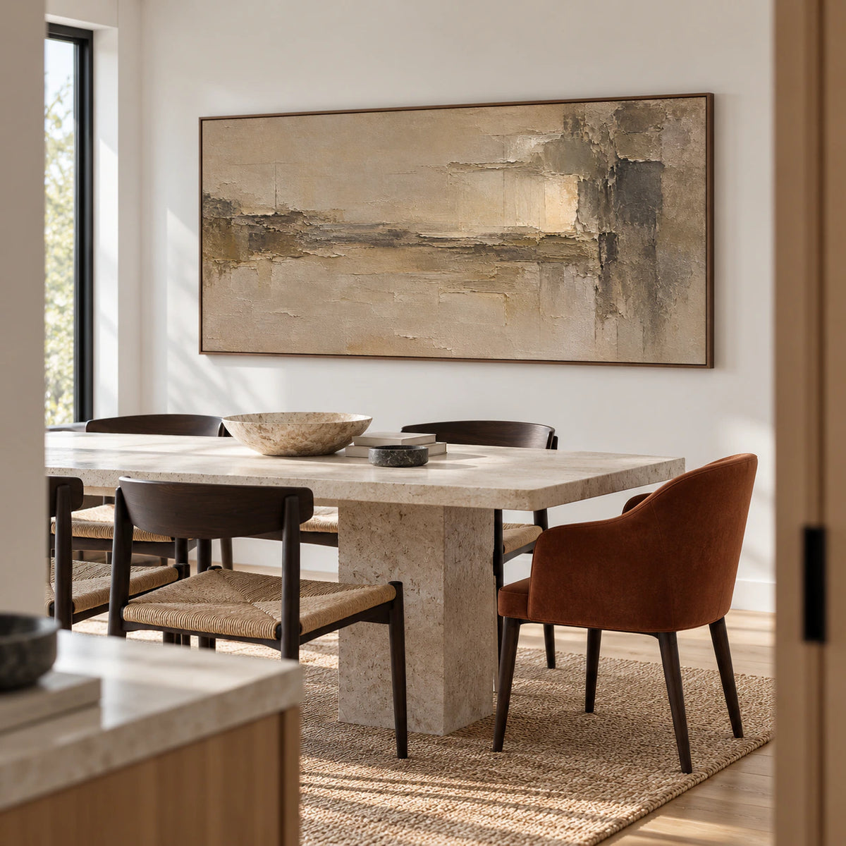 Ochre and umber abstract painting on a cool pale wall above a light stone dining table and dark chairs, viewed from a right-oblique angle.