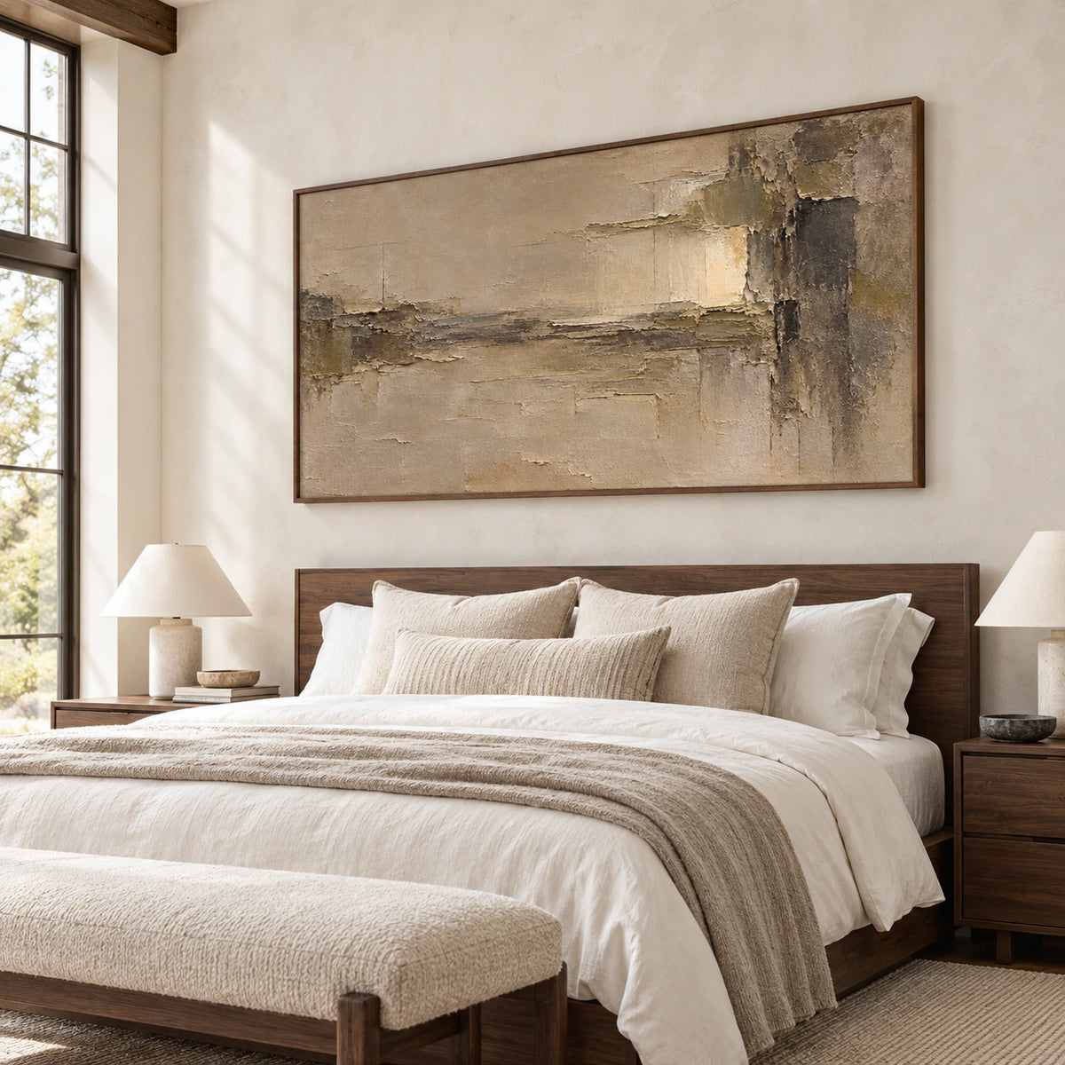 Horizontal ochre and umber painting above a walnut bed with soft white linens in a bright bedroom, viewed from a low left-oblique angle.