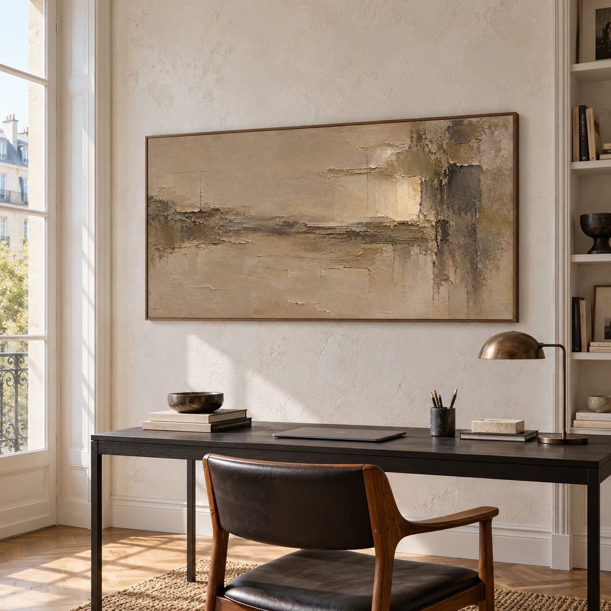 Ochre and umber abstract painting above a black desk in a bright home office with tall windows and open shelving, viewed from a raised right-oblique angle.