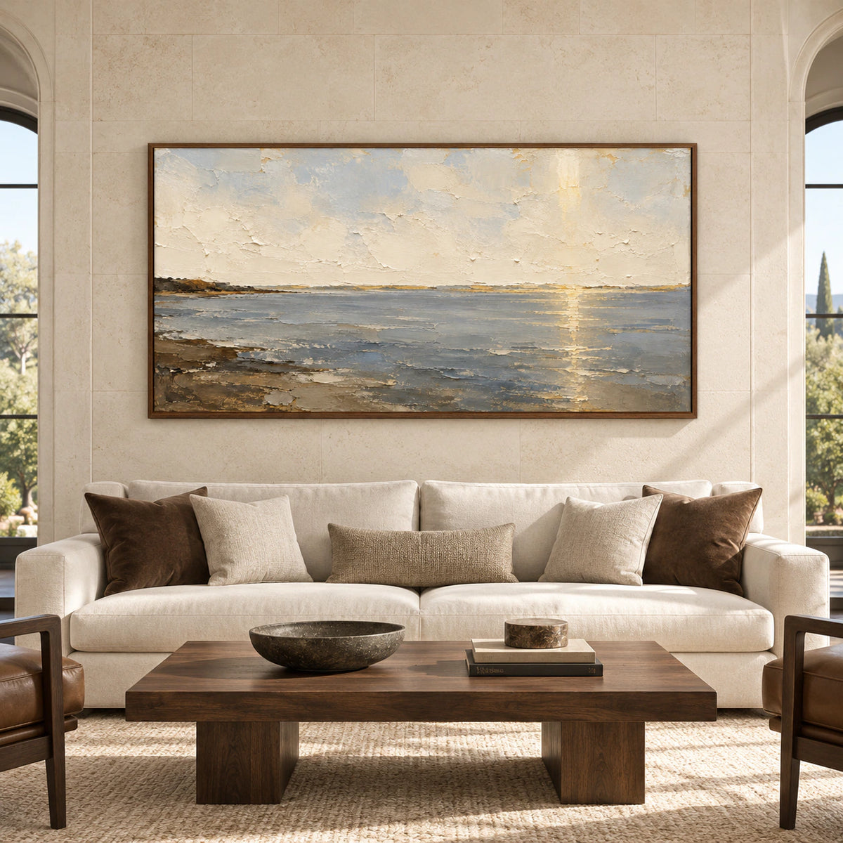 Ochre-Meridian seascape in a spacious, daylit room with pale limestone walls and restrained dark timber furnishings, viewed straight on.