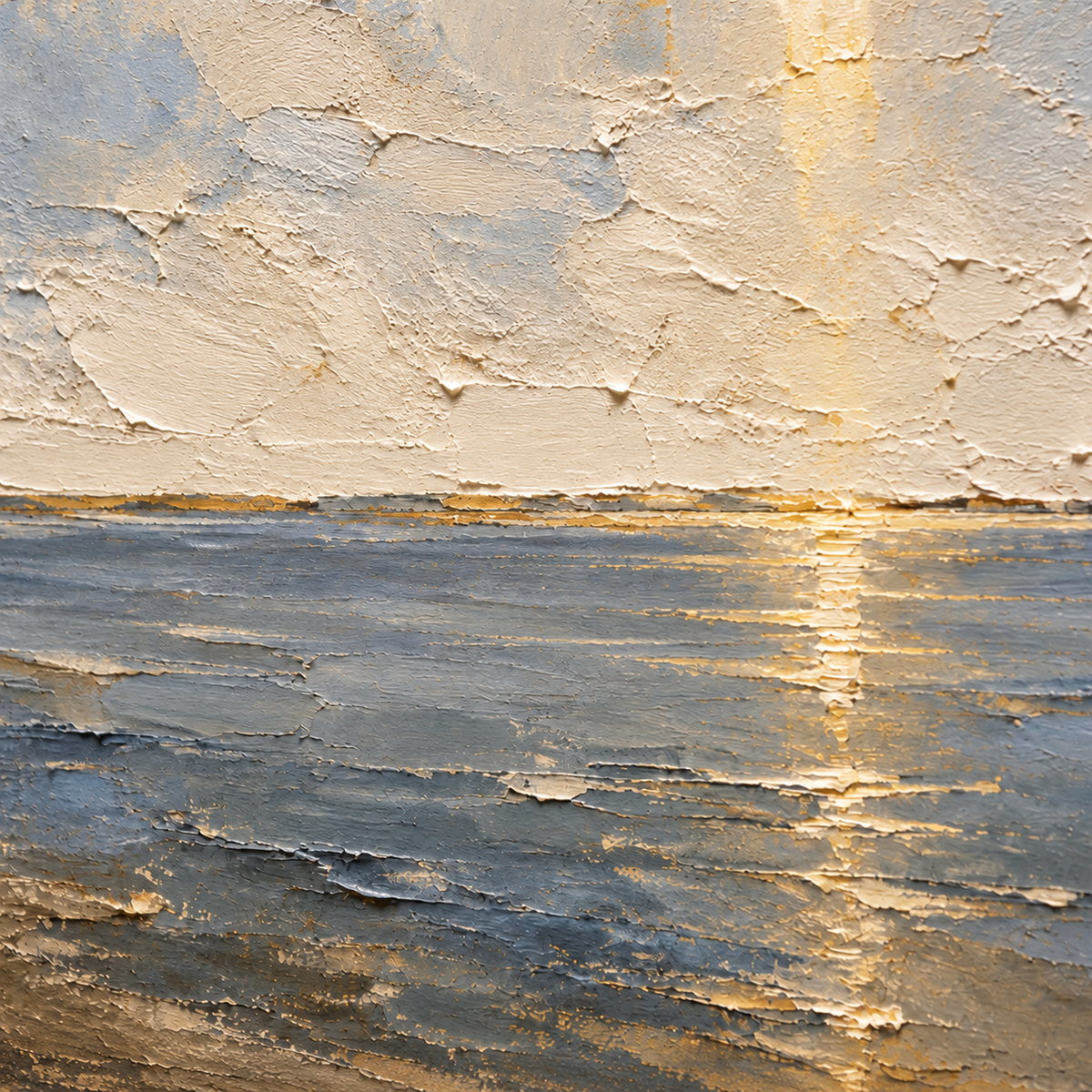 Oblique close-up of the Ochre-Meridian oil painting surface, with grazing light highlighting raised strokes, textured ridges and shallow shadows.