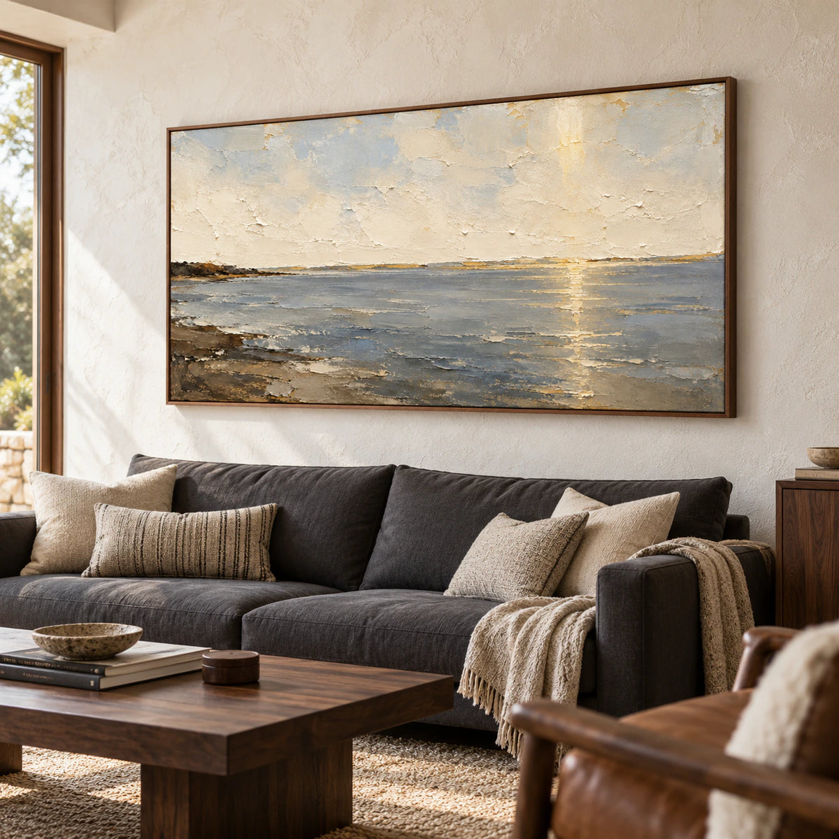 Ochre-Meridian seascape above a charcoal sofa in a bright living room with pale plaster walls and a dark wood coffee table, viewed slightly from the left at seated eye level.