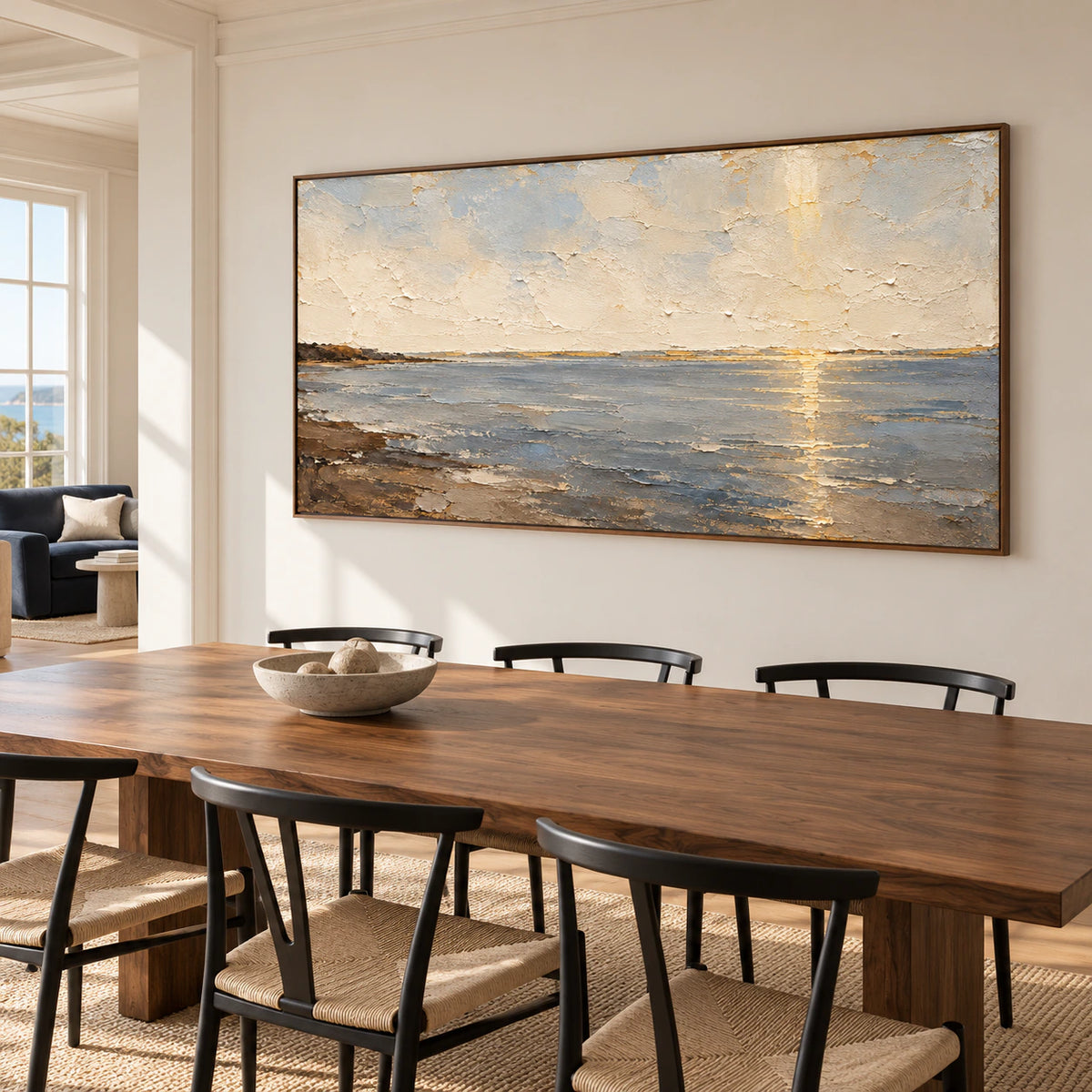 Ochre-Meridian seascape on a warm white dining room wall with a long walnut table and slim black chairs, viewed from the right at standing height.