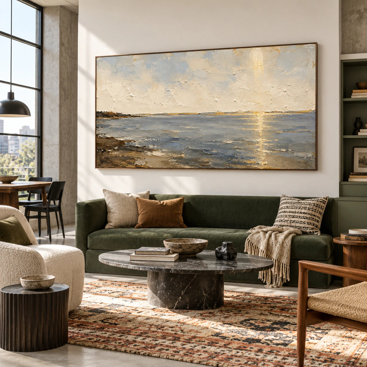 Ochre-Meridian seascape in an expansive loft interior with concrete architecture, a deep green sofa and black accents, viewed obliquely from a distance on the right.