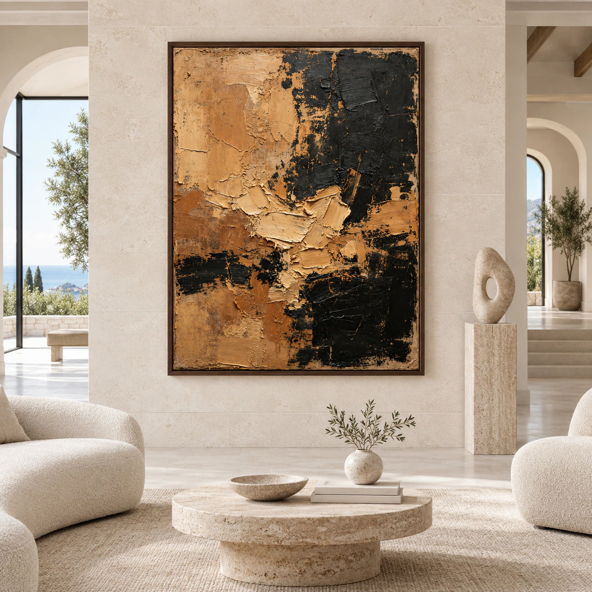 Large Ochre-Obsidian textured abstract painting displayed straight-on in a spacious contemporary room.