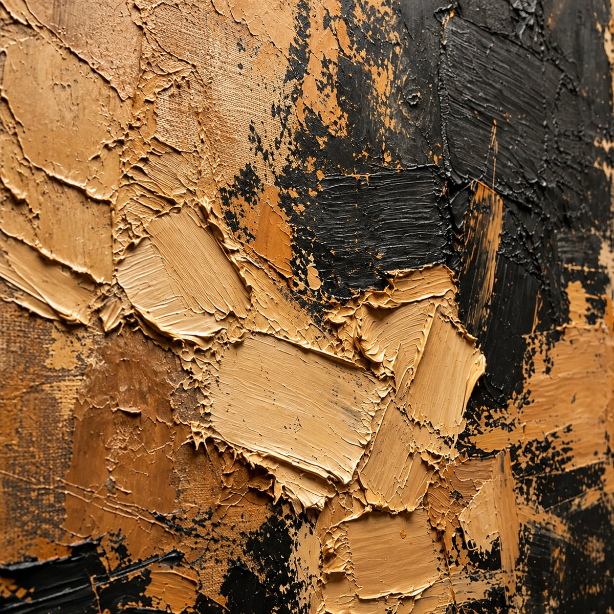 Ochre-Obsidian oil painting brushwork and impasto detail photographed from an oblique side angle