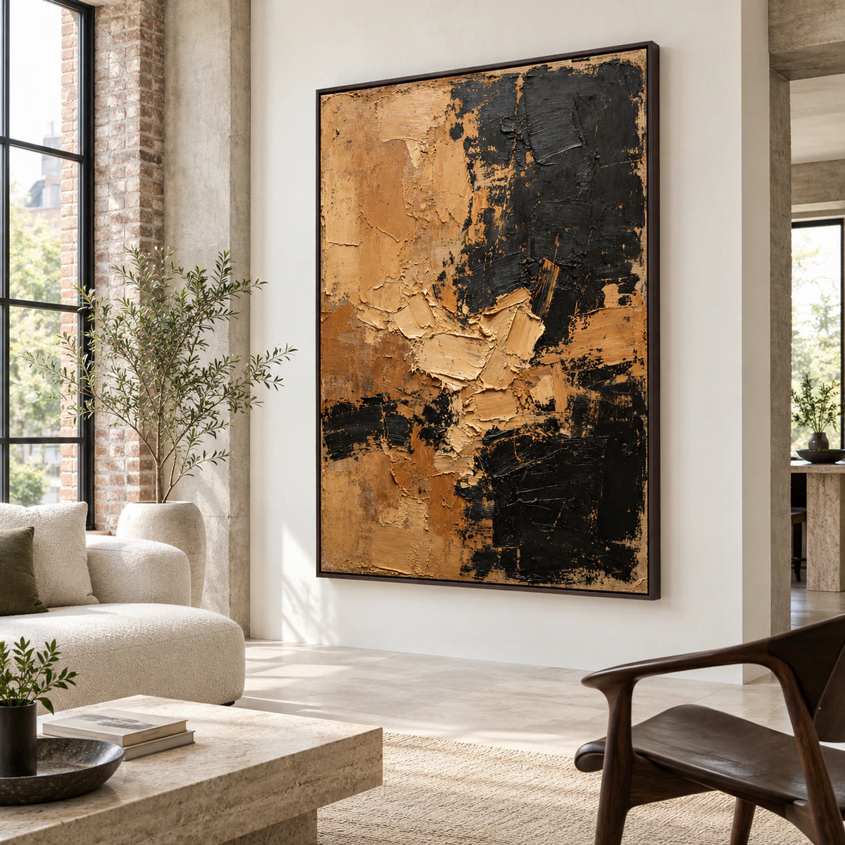 Ochre-Obsidian as the focal artwork in a bright contemporary living room.