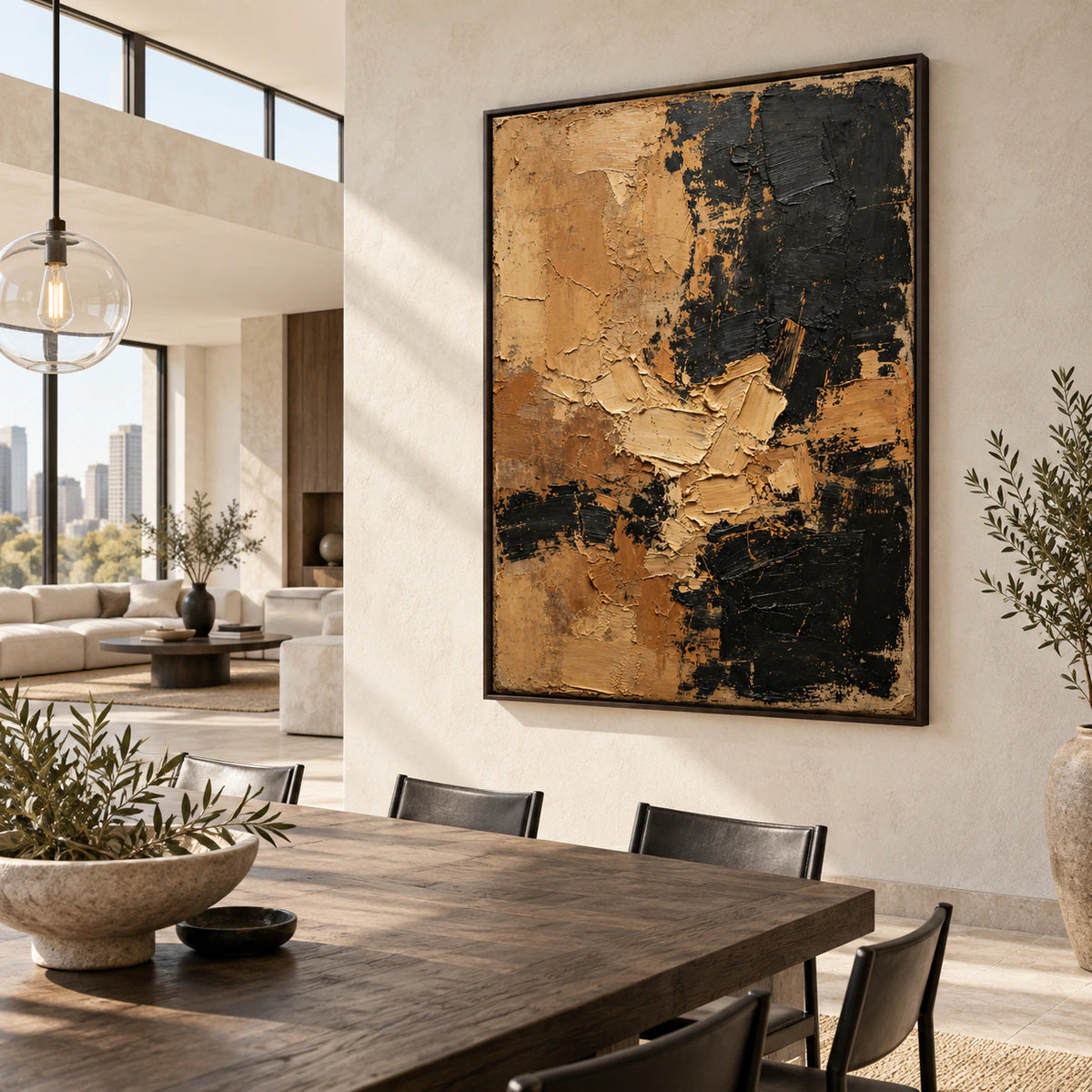 Ochre-Obsidian displayed above a refined dining setting in natural daylight.