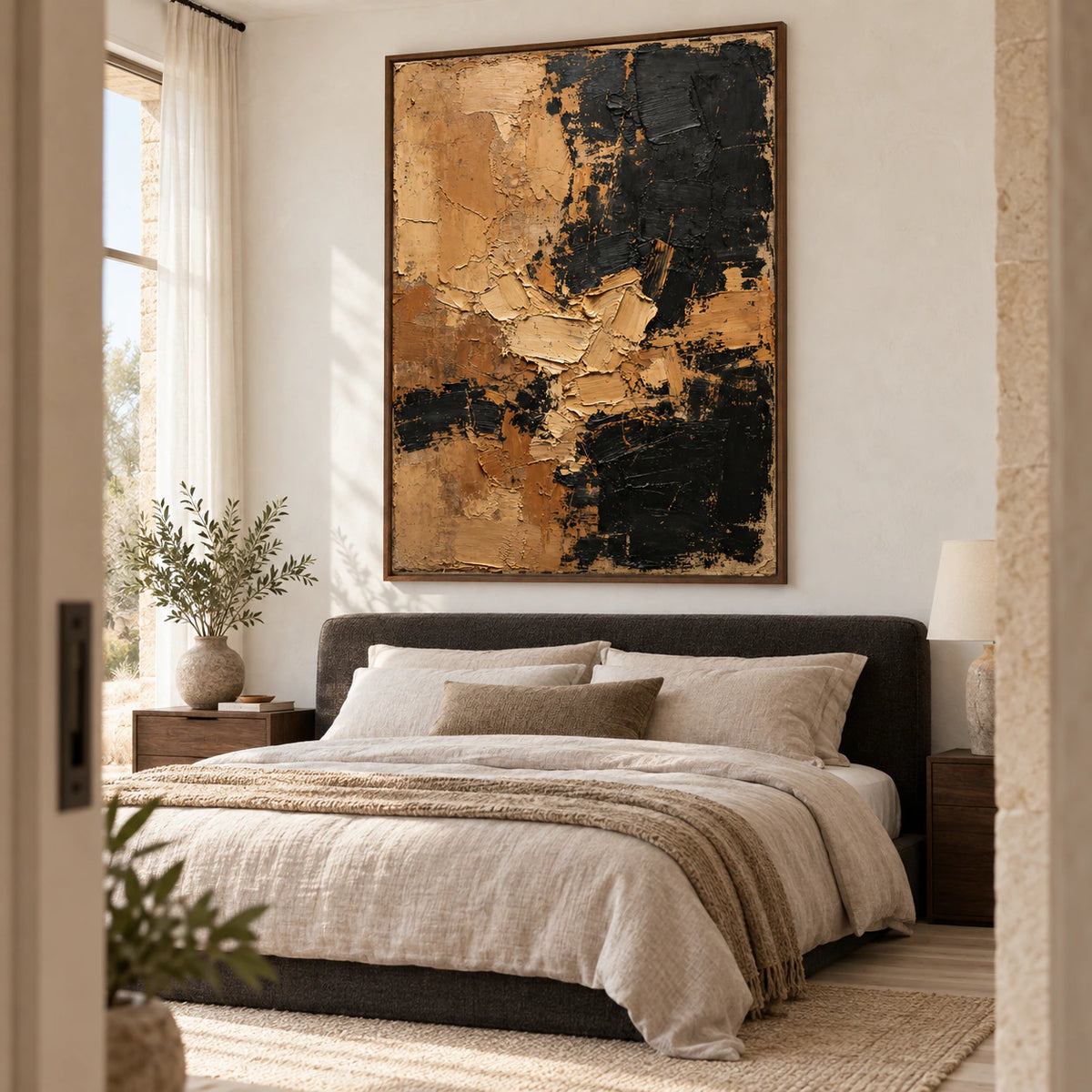 Ochre-Obsidian anchoring a quiet, light-filled bedroom.