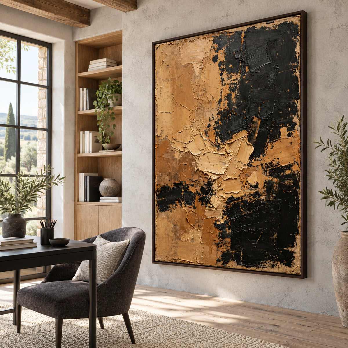 Ochre-Obsidian in an airy home office reading space.