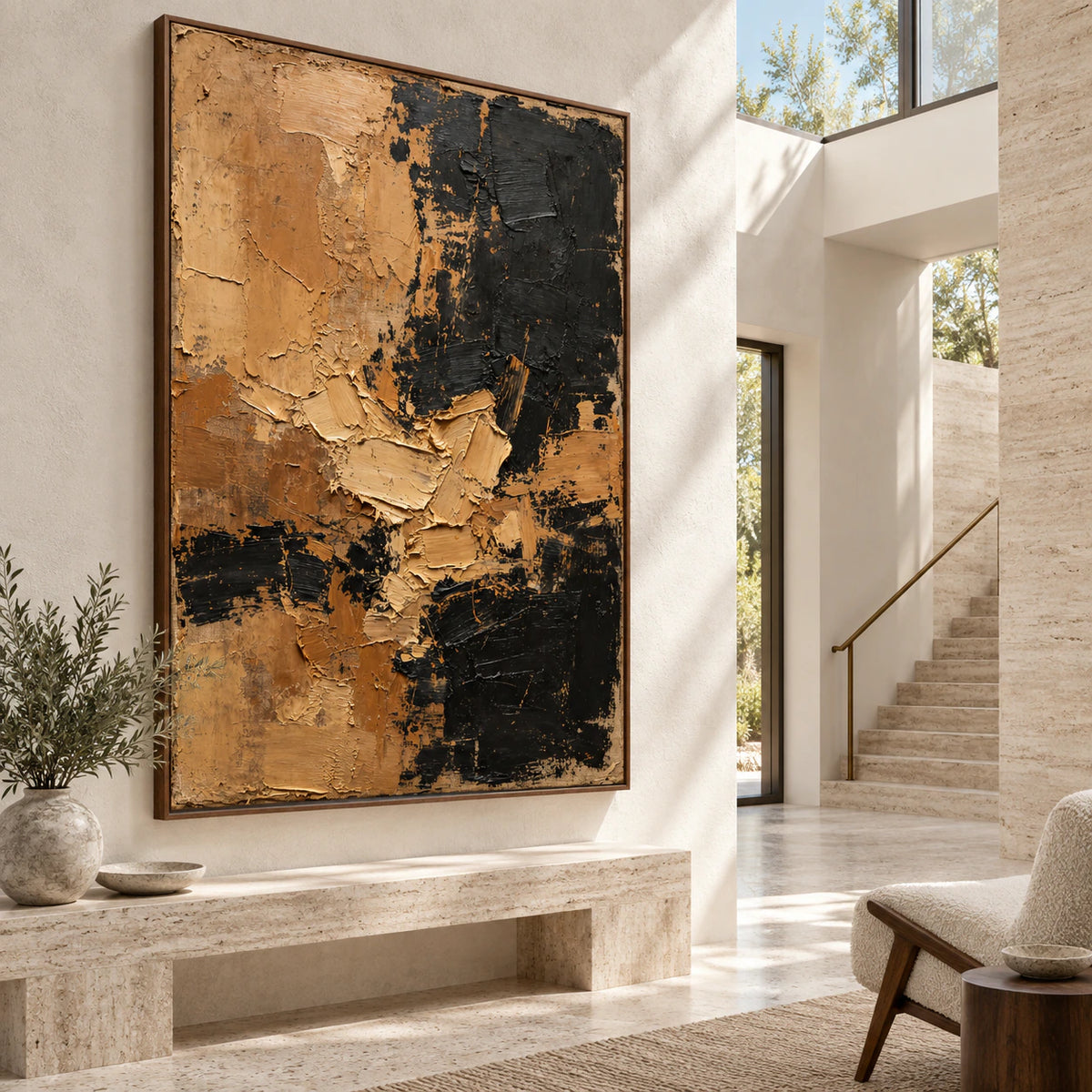Ochre-Obsidian presented at gallery scale in a bright architectural foyer.