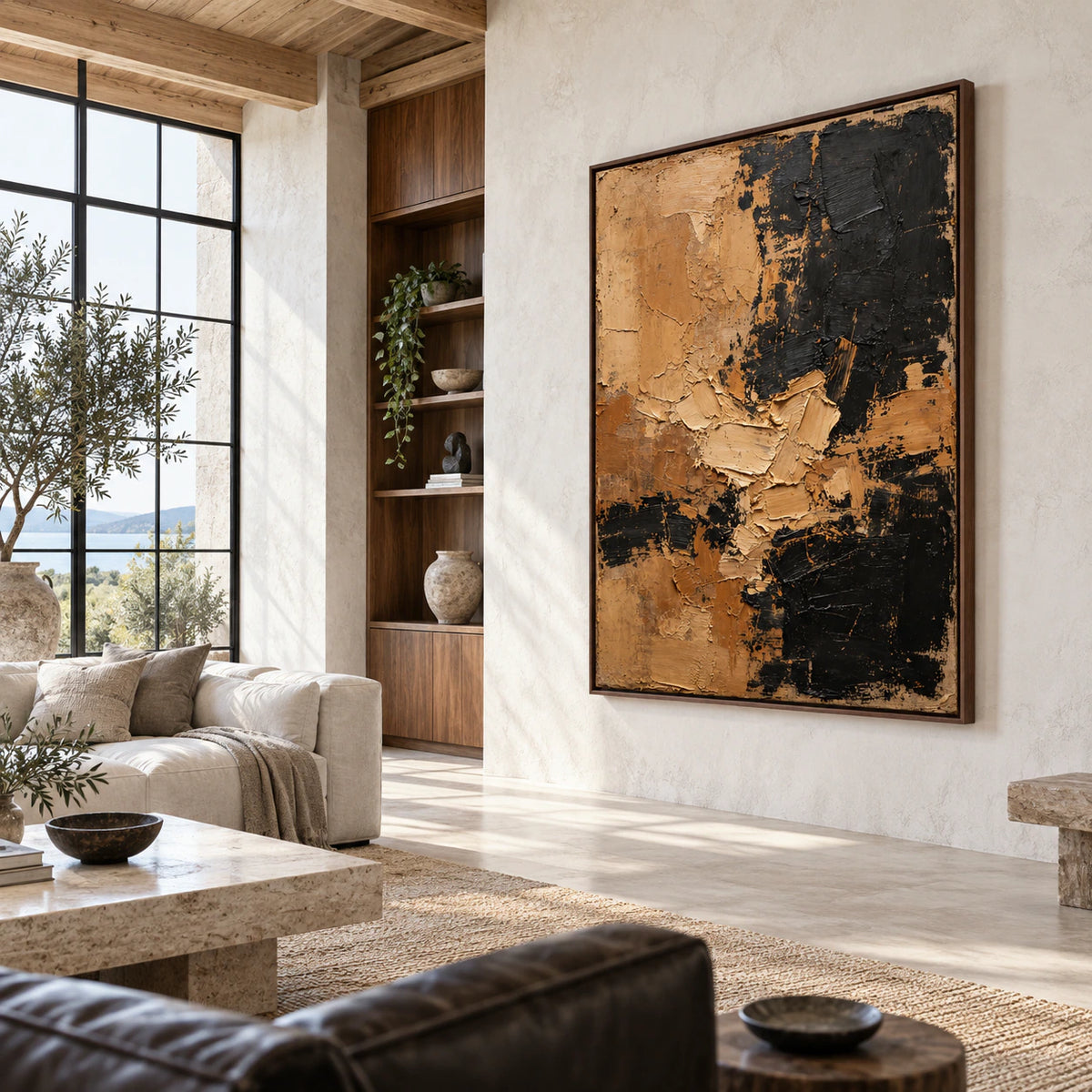 Ochre-Obsidian as a large-scale focal point in an expansive hospitality loft.