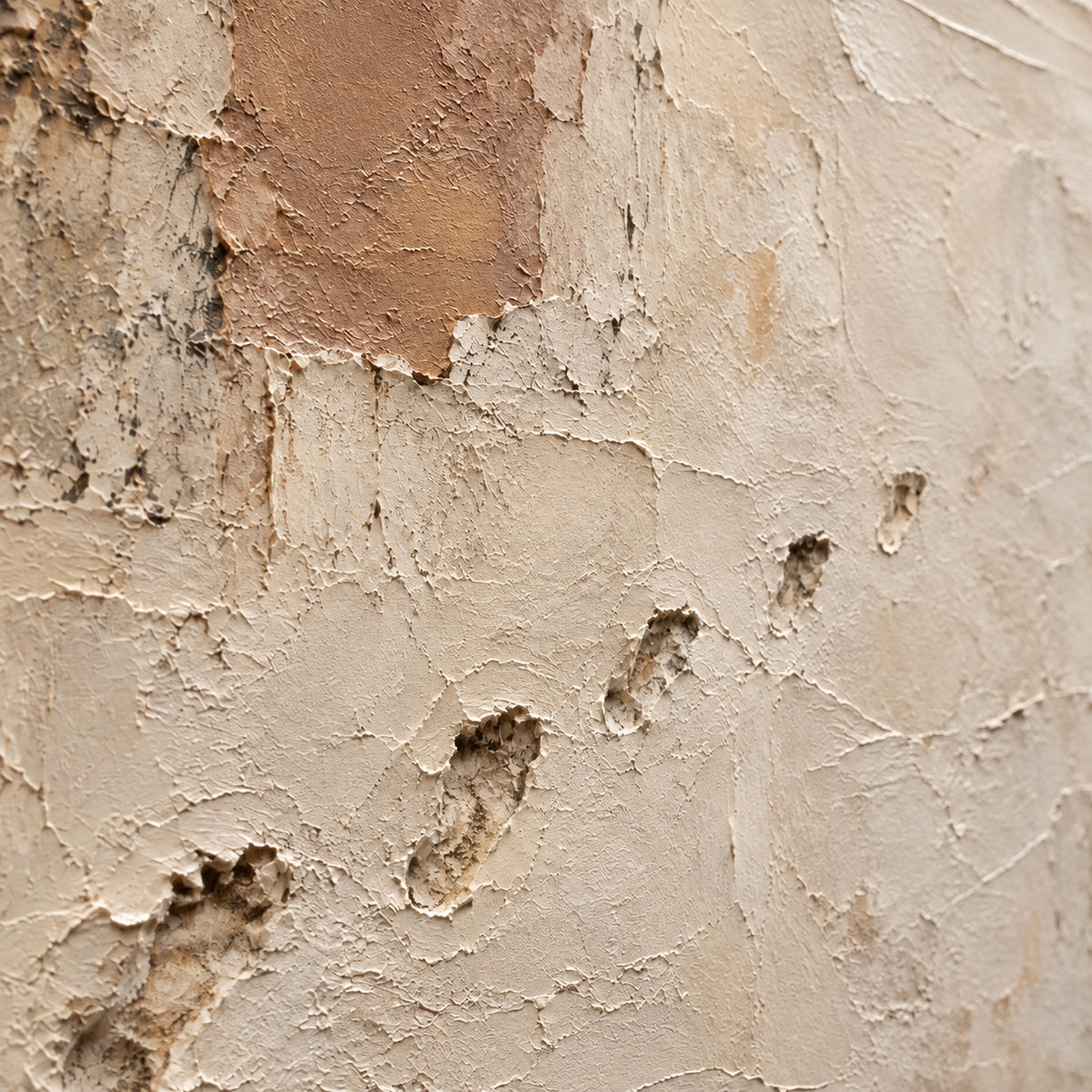 Ochre-Patina oil painting brushwork and impasto detail photographed from an oblique side angle