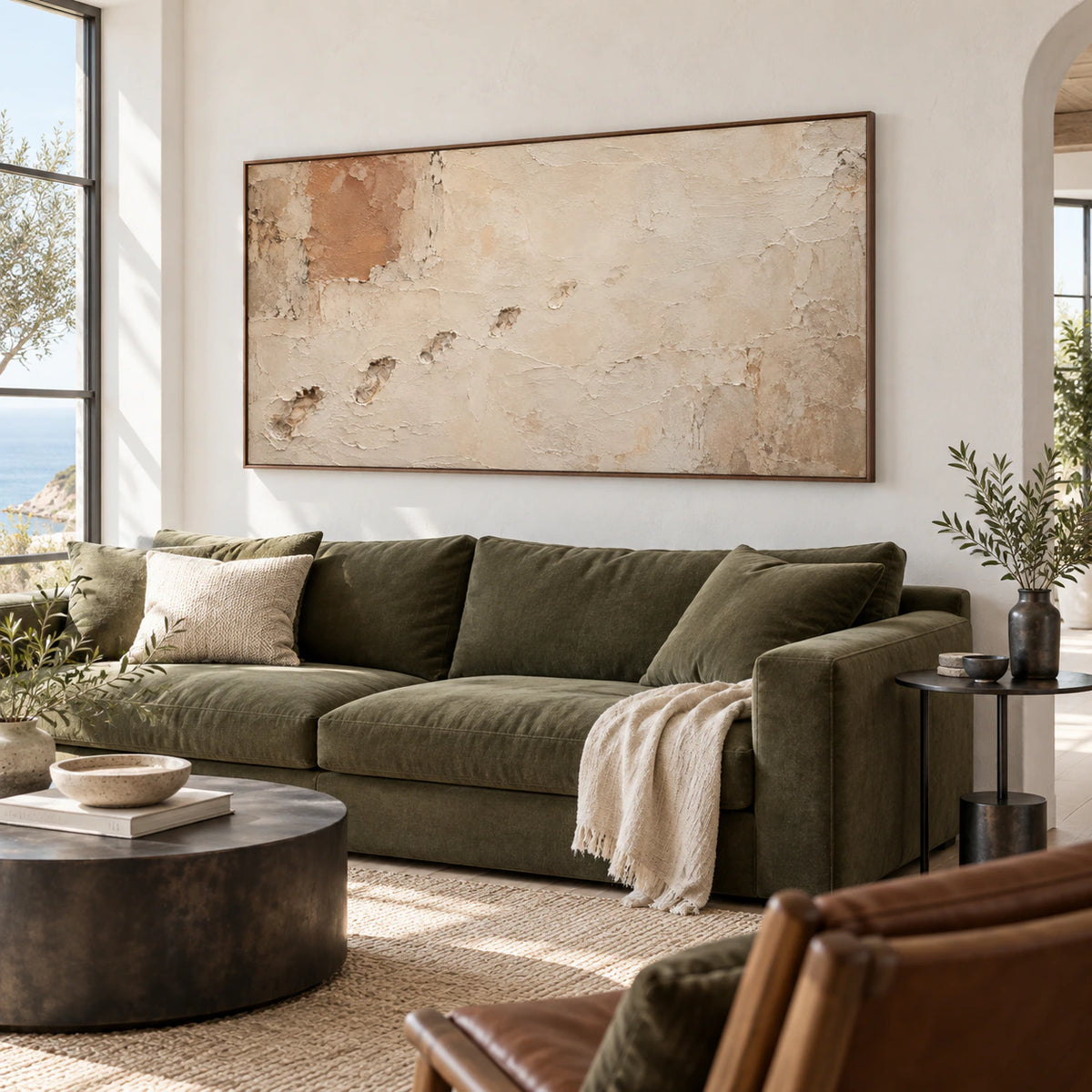 Ochre-Patina as the focal artwork in a bright contemporary living room.