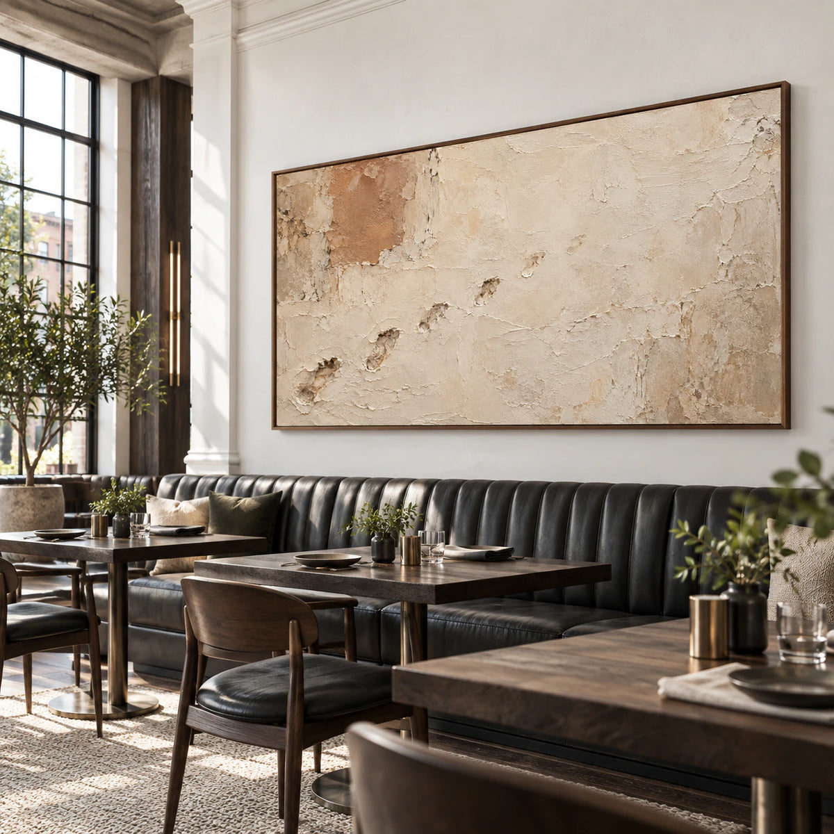 Ochre-Patina anchoring an expansive loft hospitality interior.