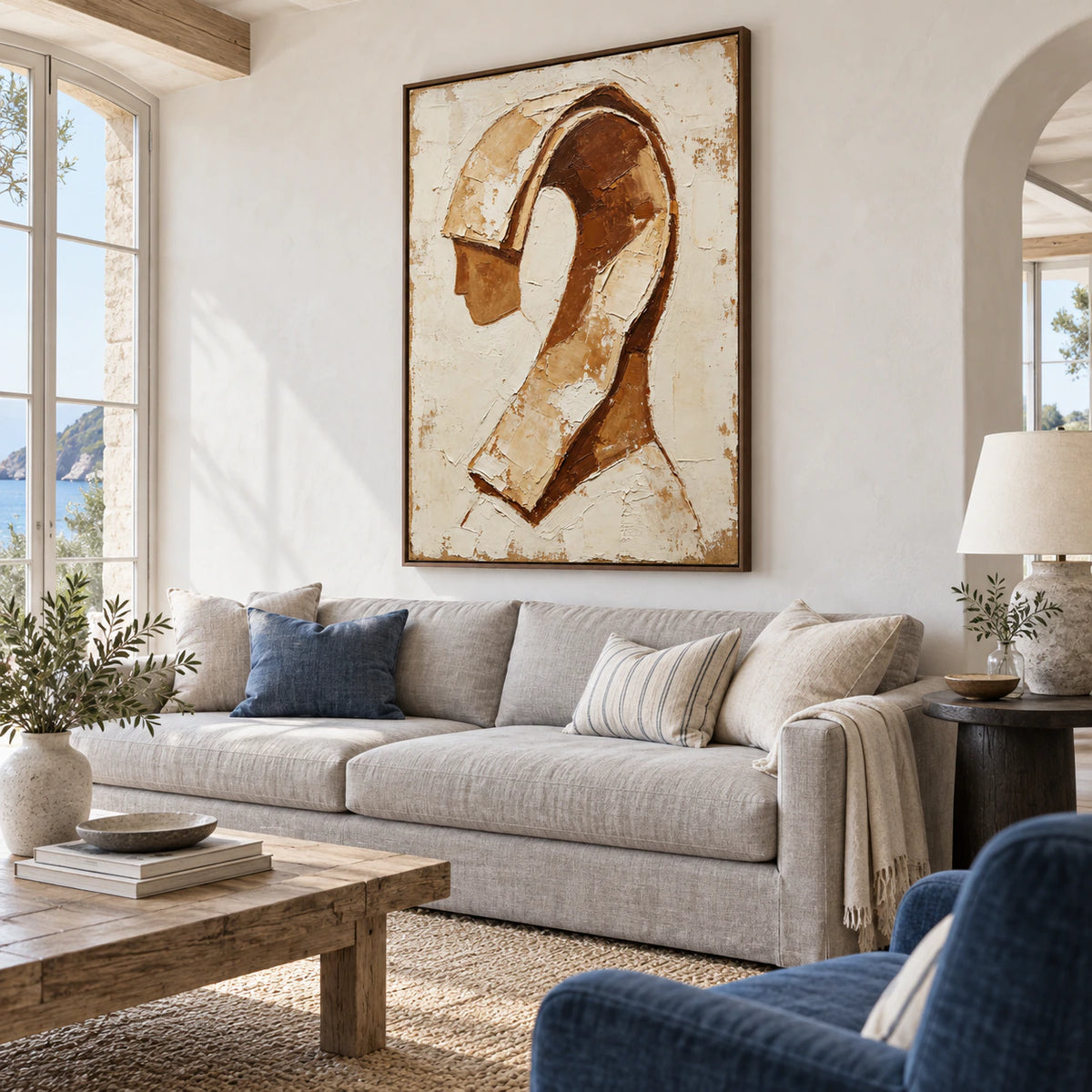 Ochre-Reverie above a sofa in a bright living room.