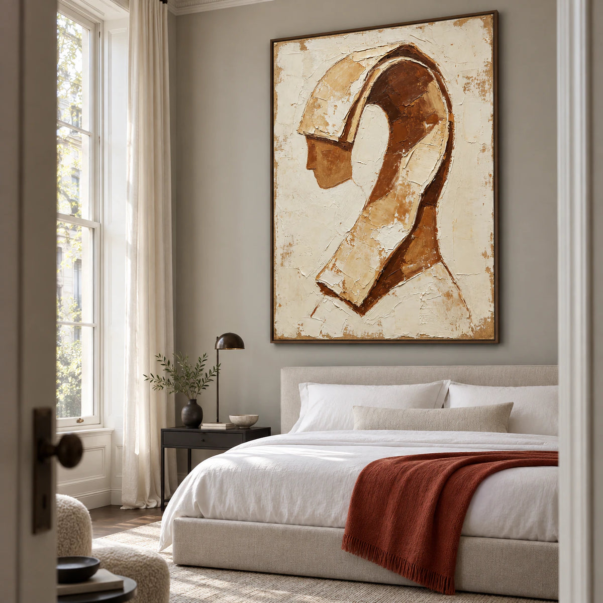 Ochre-Reverie as the focal artwork in a quiet bedroom.
