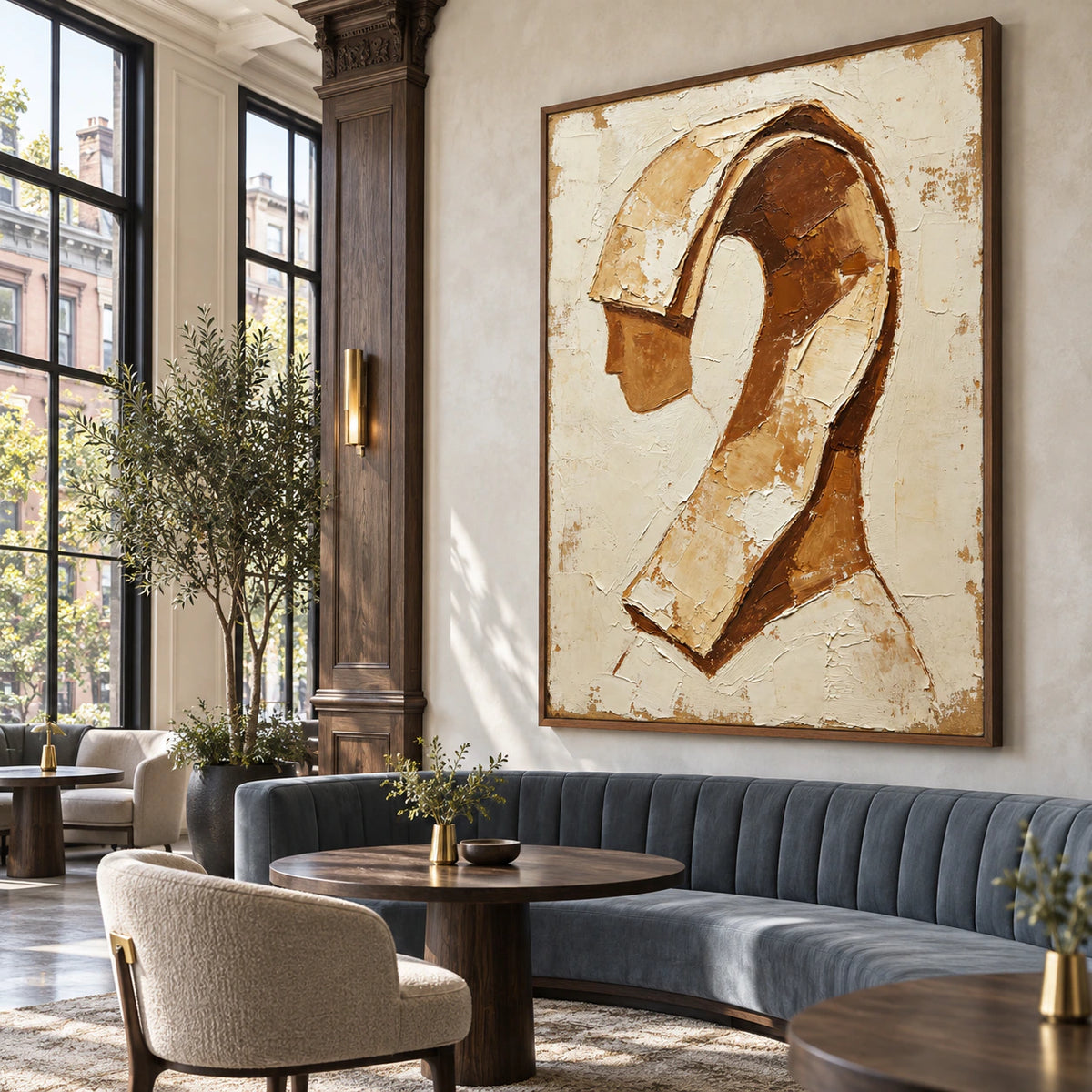 Ochre-Reverie anchoring an expansive loft hospitality interior.
