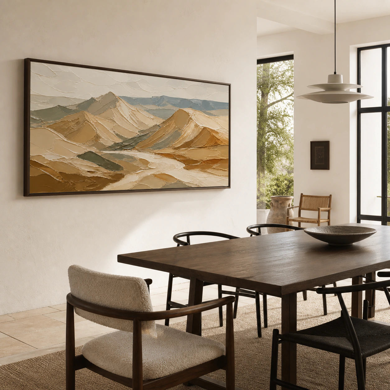 Wide textured mountain artwork anchoring a refined daylight dining room.