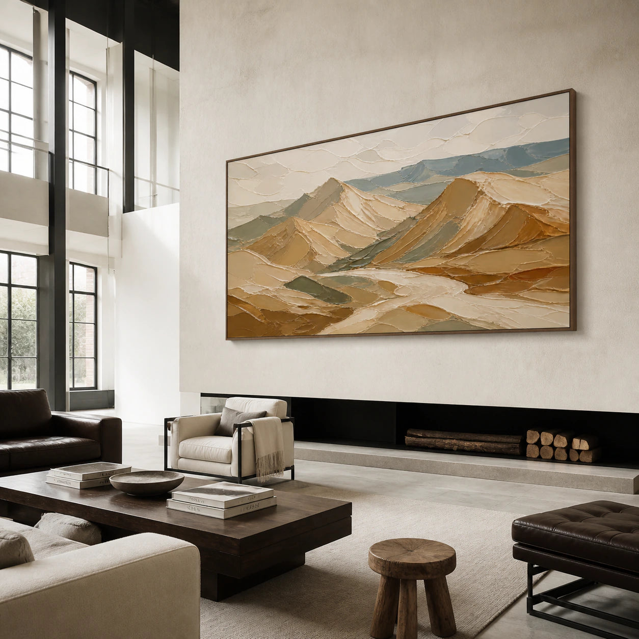 Wide abstract mountain painting as the focal point of an expansive loft hospitality interior.