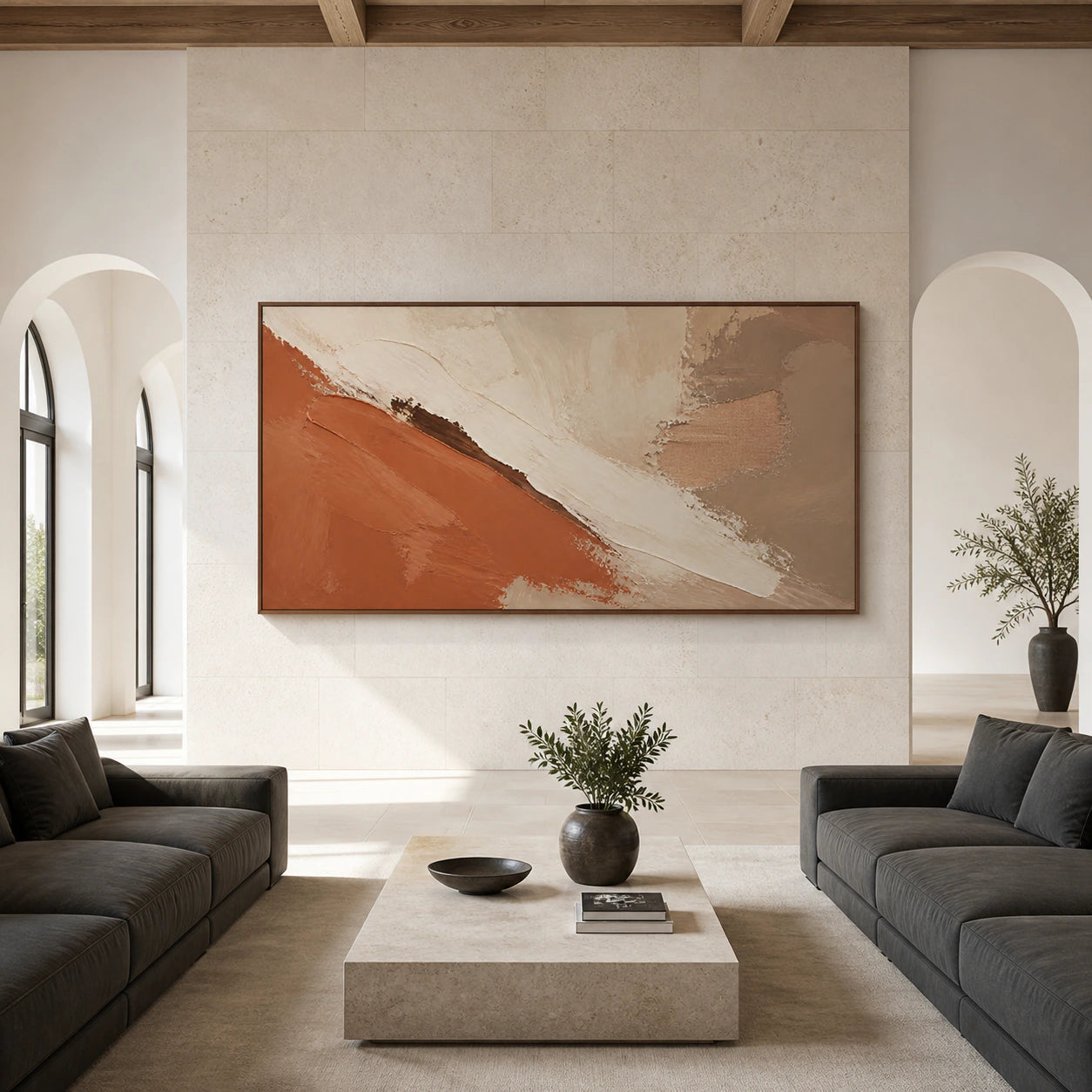 Ochre-Rift displayed at large scale, straight-on in a bright architectural living space.