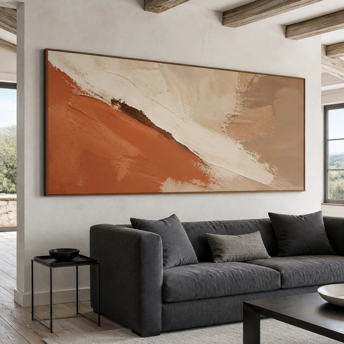 Ochre-Rift above a restrained sofa in a bright contemporary living room.