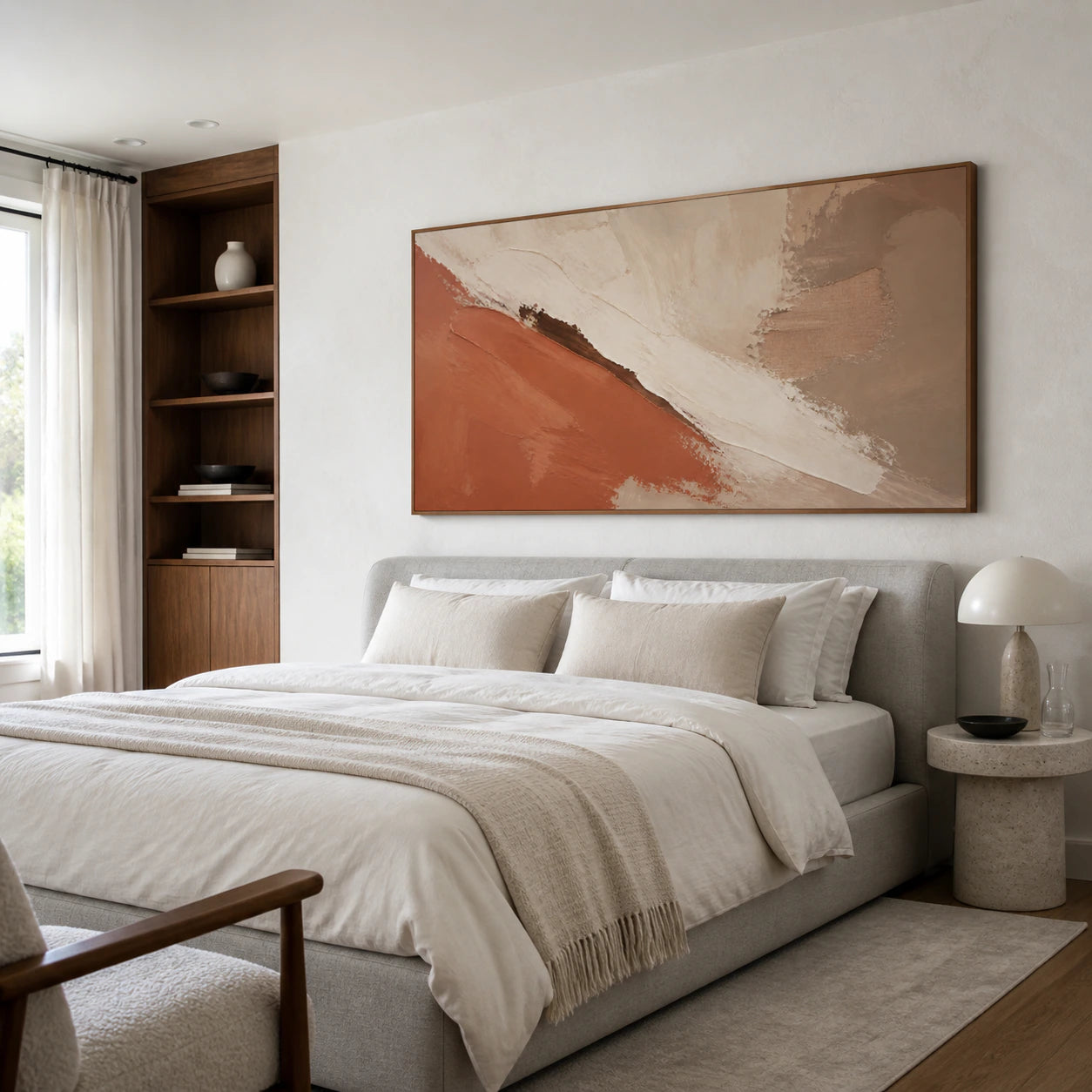 Ochre-Rift above a low bed in a quiet, light-filled bedroom.