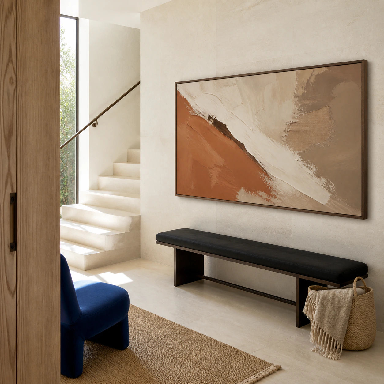 Ochre-Rift installed at gallery scale in a luminous stone foyer.