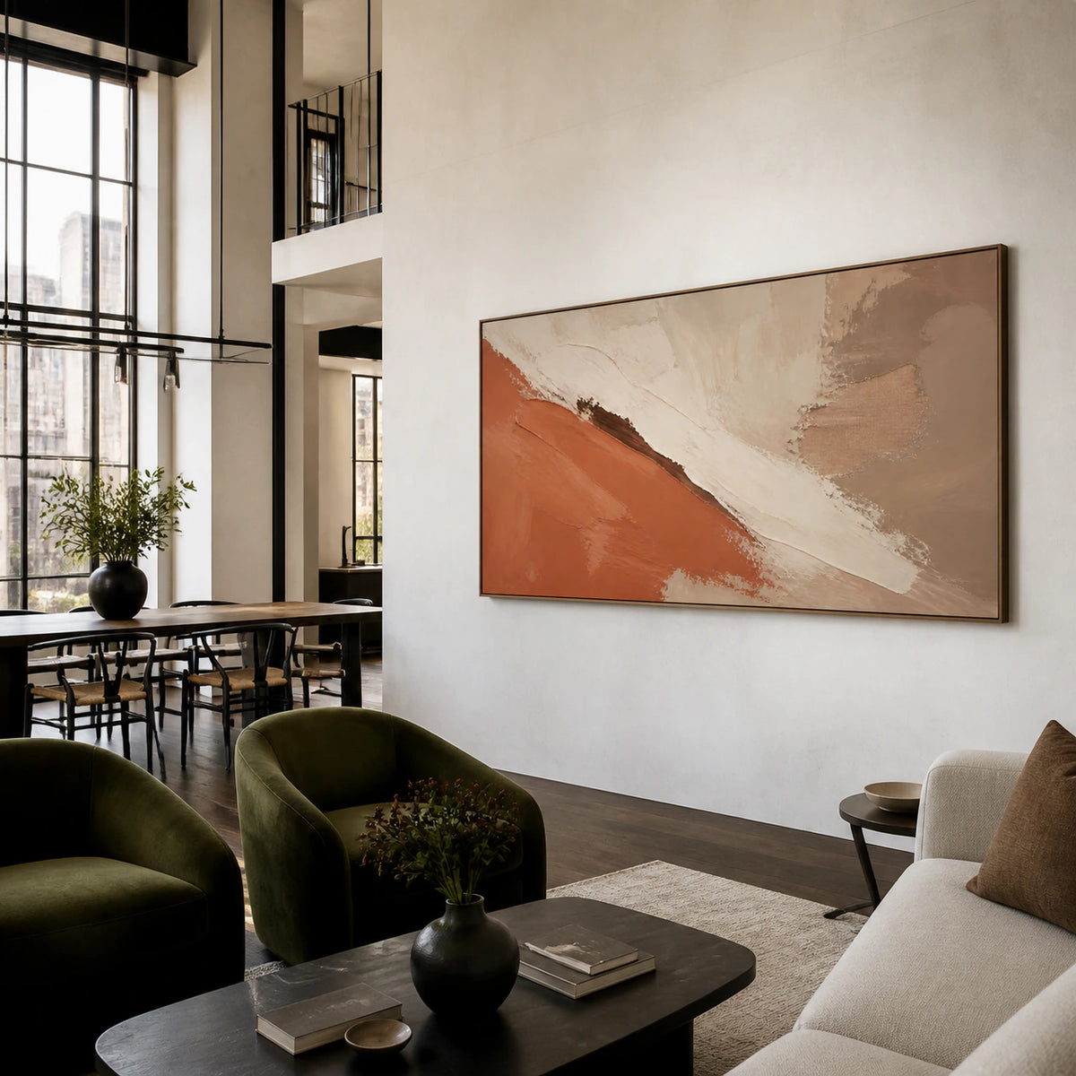 Ochre-Rift anchoring an expansive, daylight-filled loft hospitality interior.