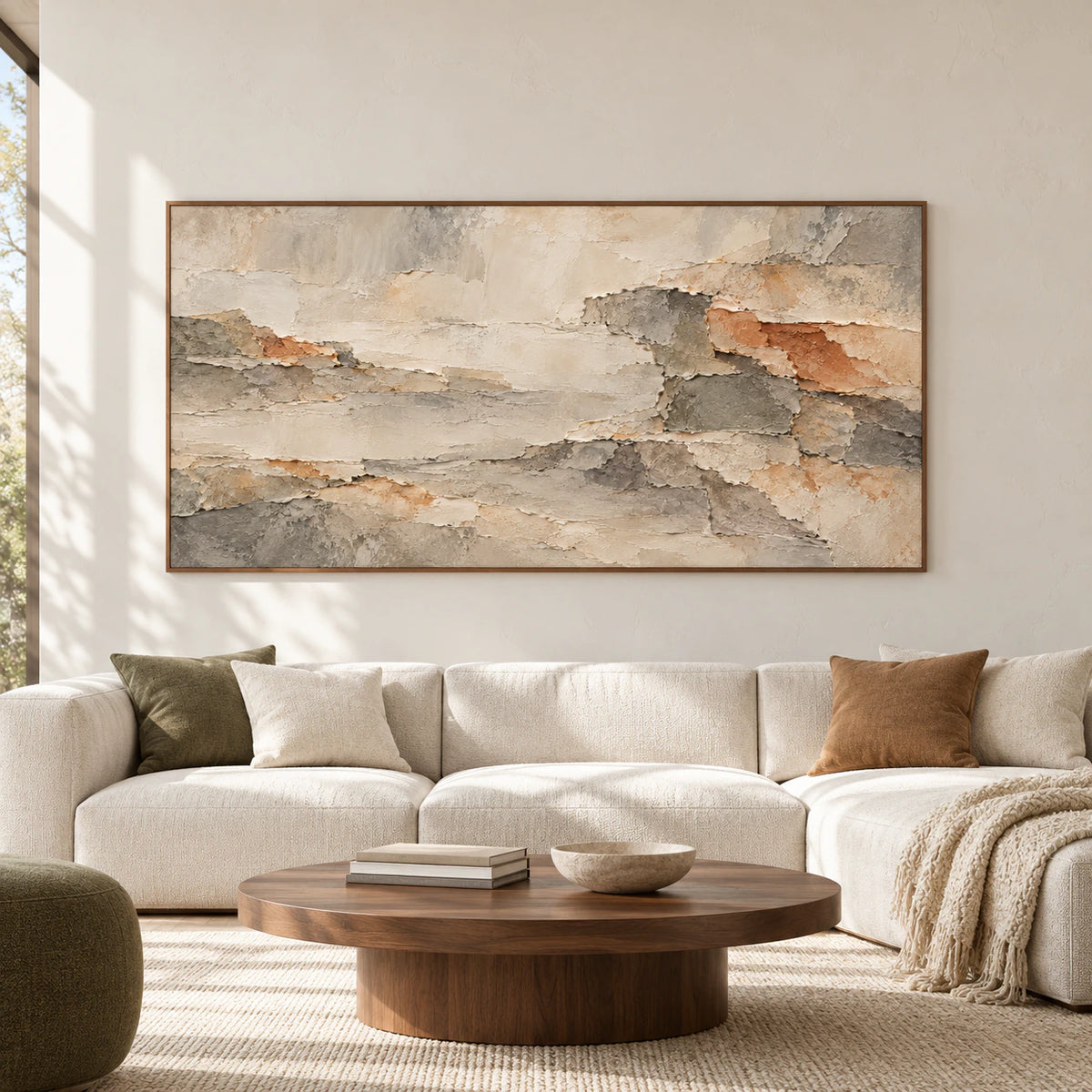 Ochre-Shards displayed straight-on on a pale plaster wall in a spacious contemporary living room with restrained furniture and natural daylight.