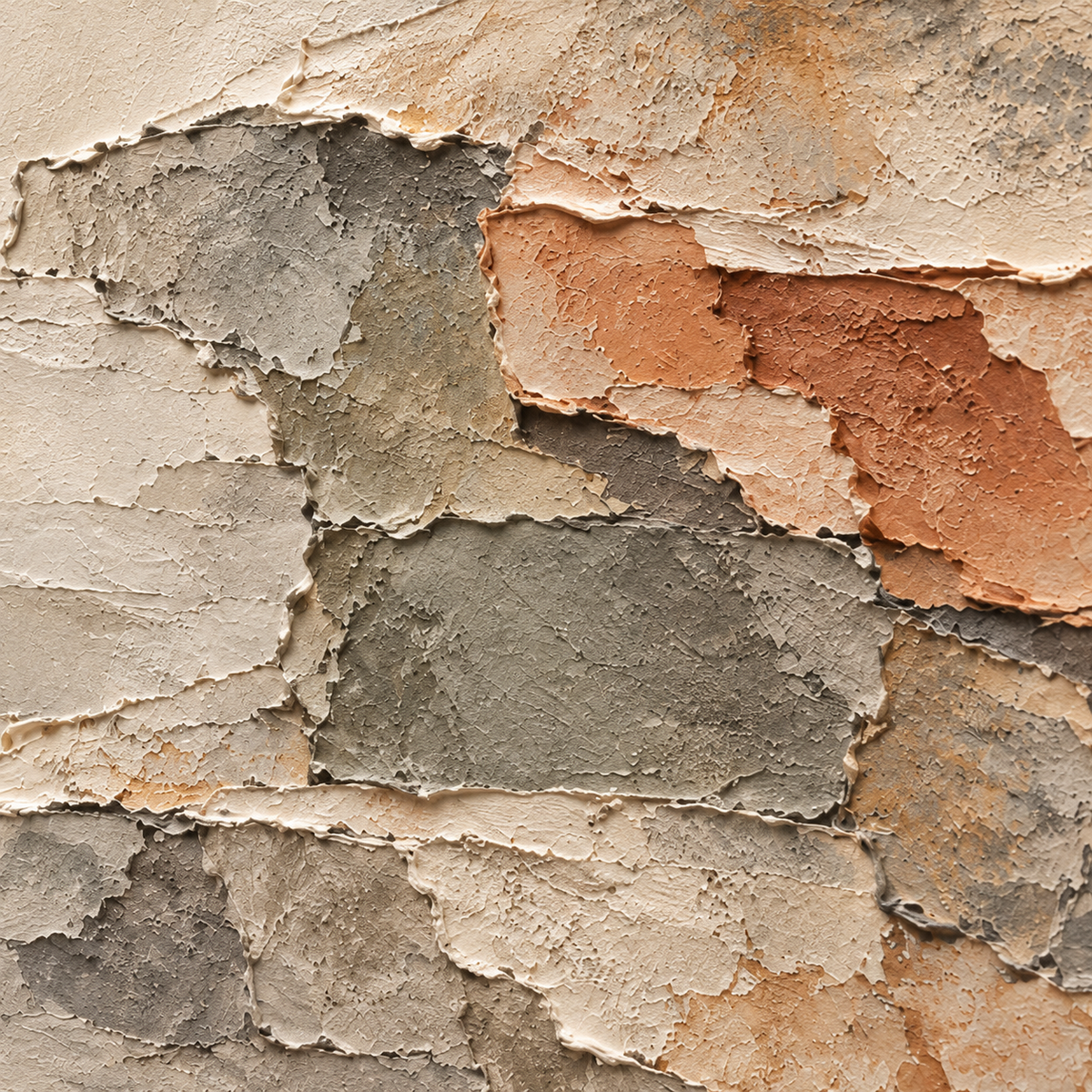 Oblique close-up of the Ochre-Shards oil painting surface, with grazing light revealing raised paint, layered edges and shallow shadows.