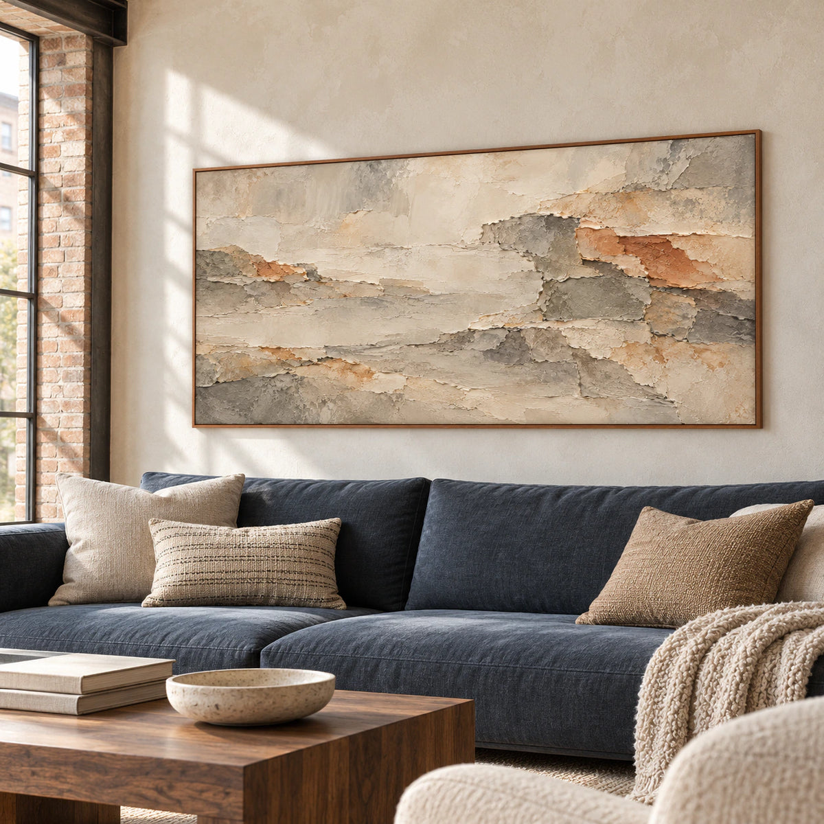 Ochre-Shards above a deep blue-gray sofa in a bright living room with pale limewashed walls, viewed from a left-oblique angle.