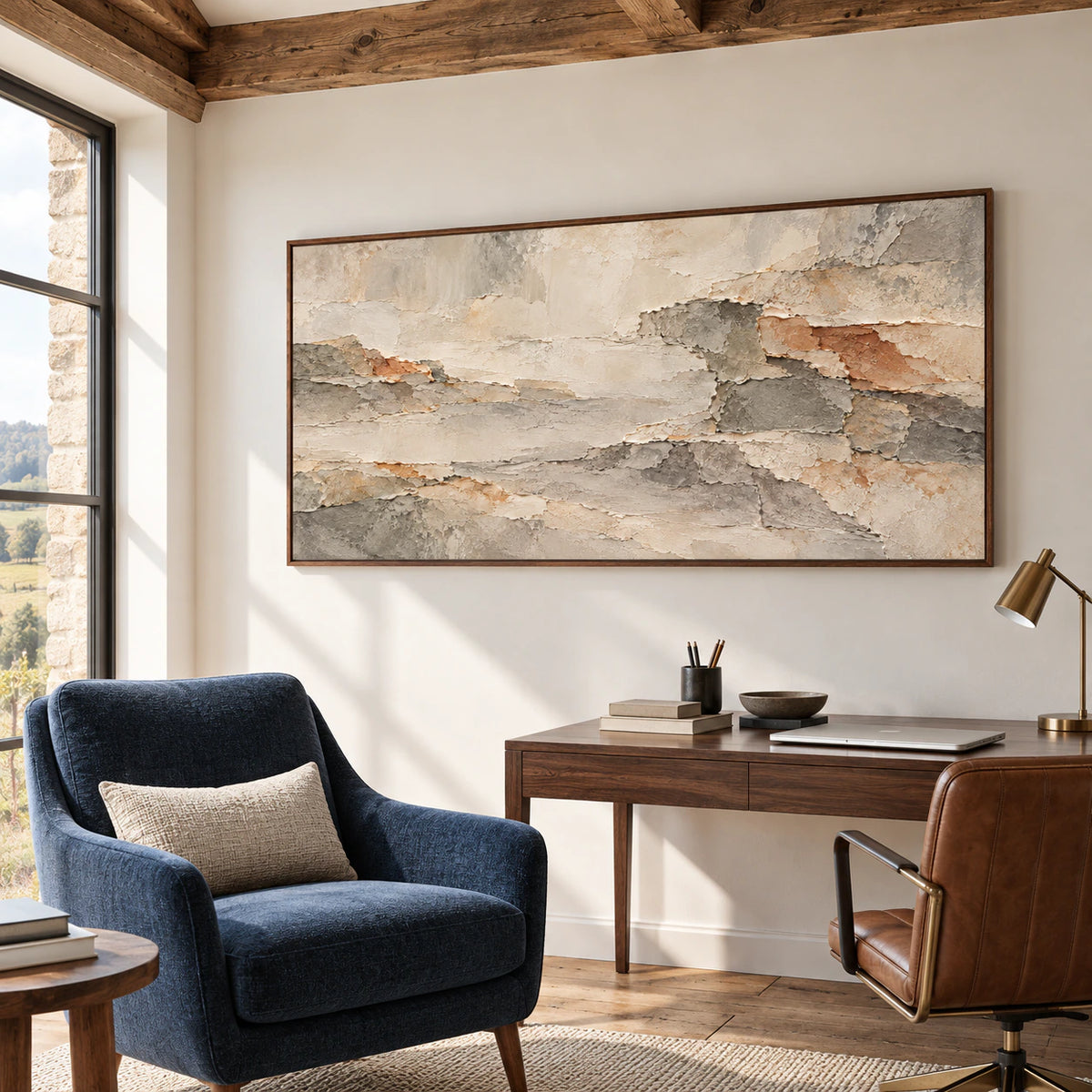 Ochre-Shards above a dark blue reading chair and compact desk in an airy home office, viewed from a right-oblique angle in bright daylight.