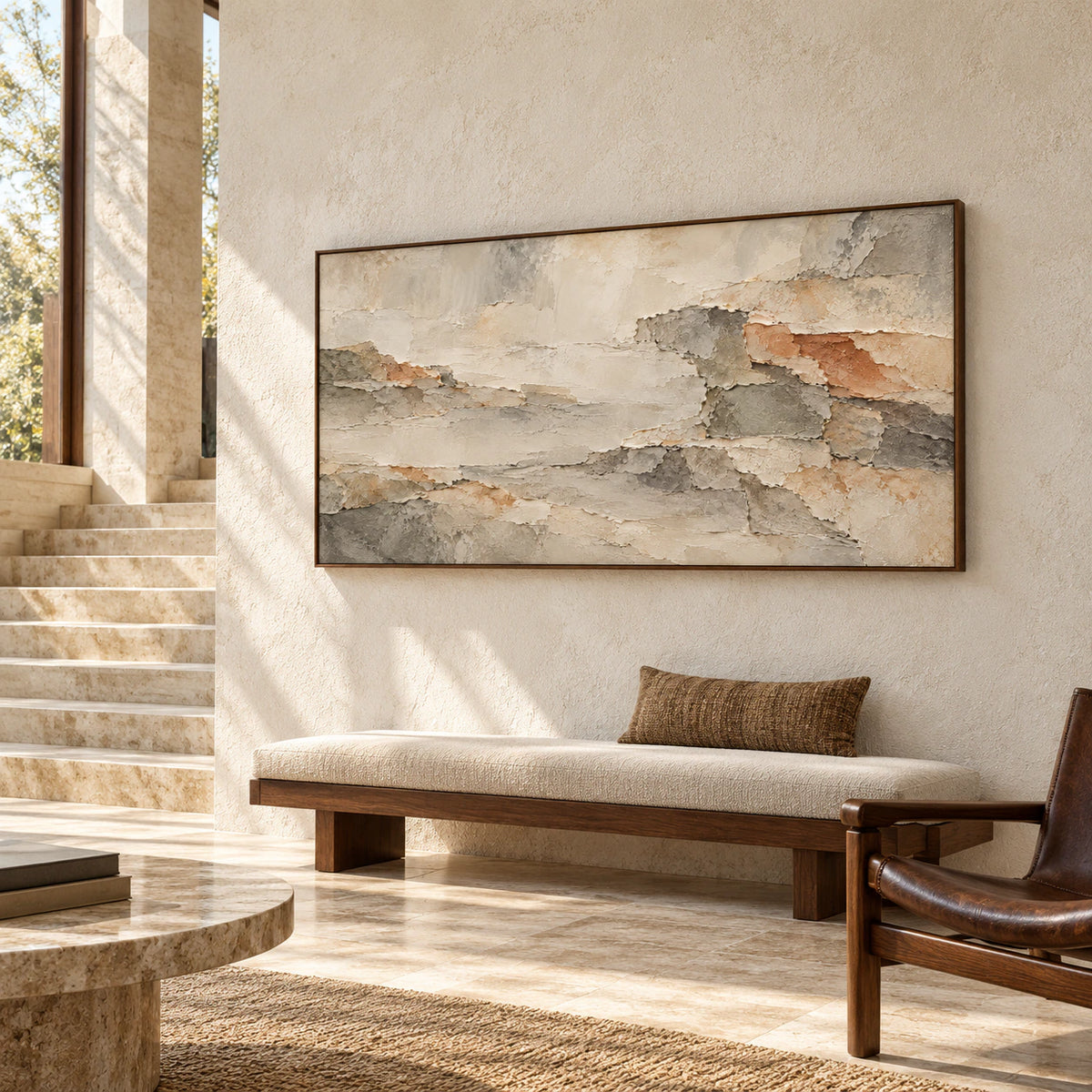 Ochre-Shards on a tall pale stone wall beside a broad stair landing in an open foyer with dark wood accents, viewed from a slightly low left-oblique angle.