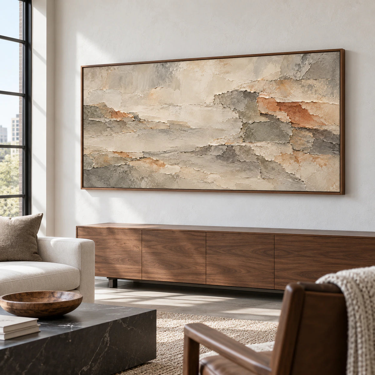 Ochre-Shards on a broad cool white wall in an expansive hospitality loft with a dark steel window and sparse seating, viewed from a right-oblique angle.